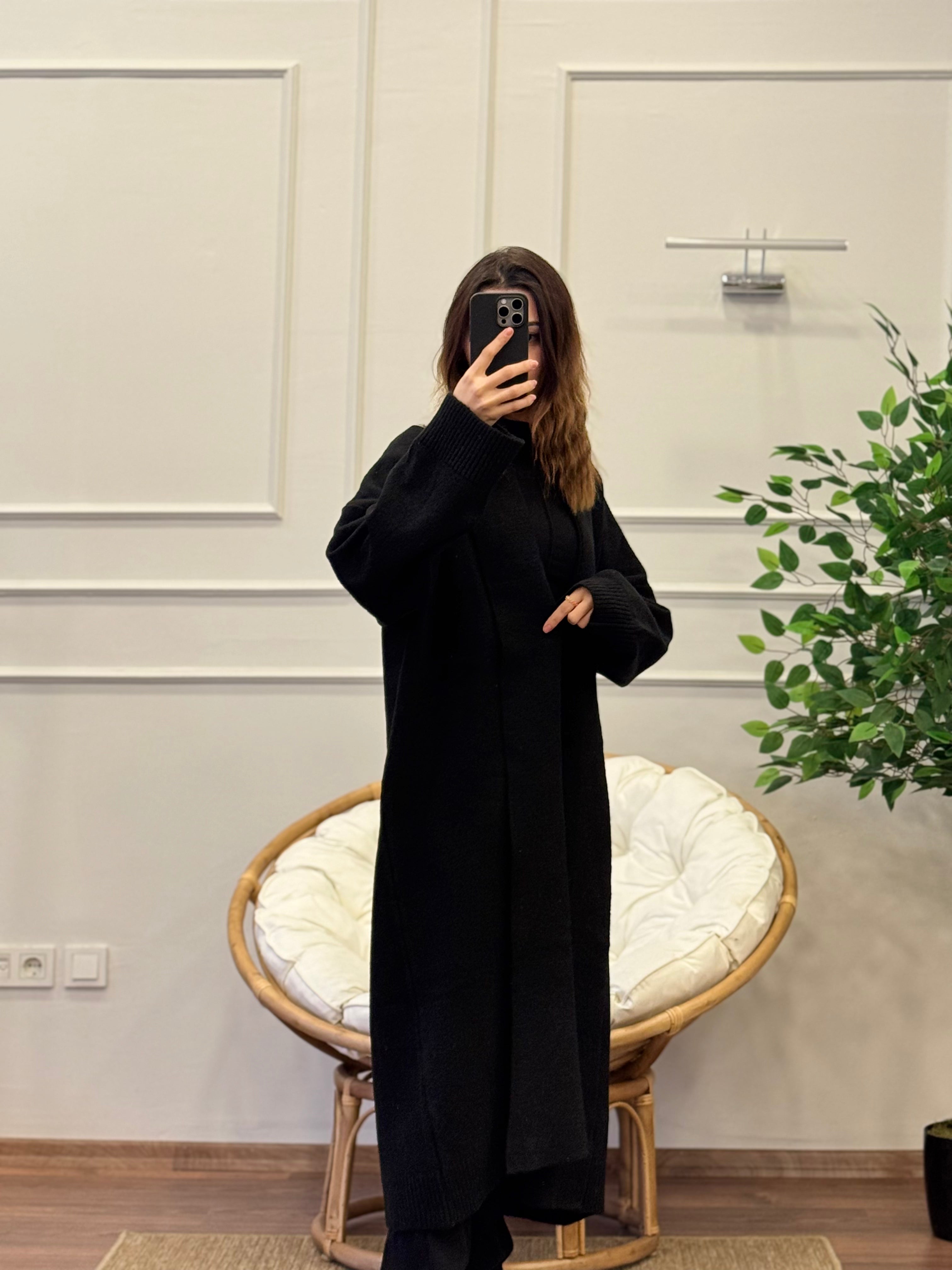 Şal Yaka Oversize Siyah Uzun Hırka