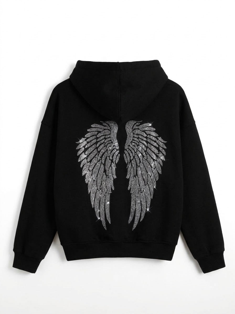 Taş Baskı Angel Wings Siyah Sweatshirt