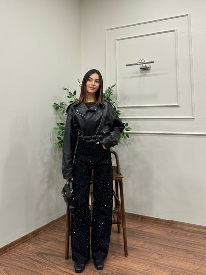 Premium Ön Arka Taşlı Siyah Jean
