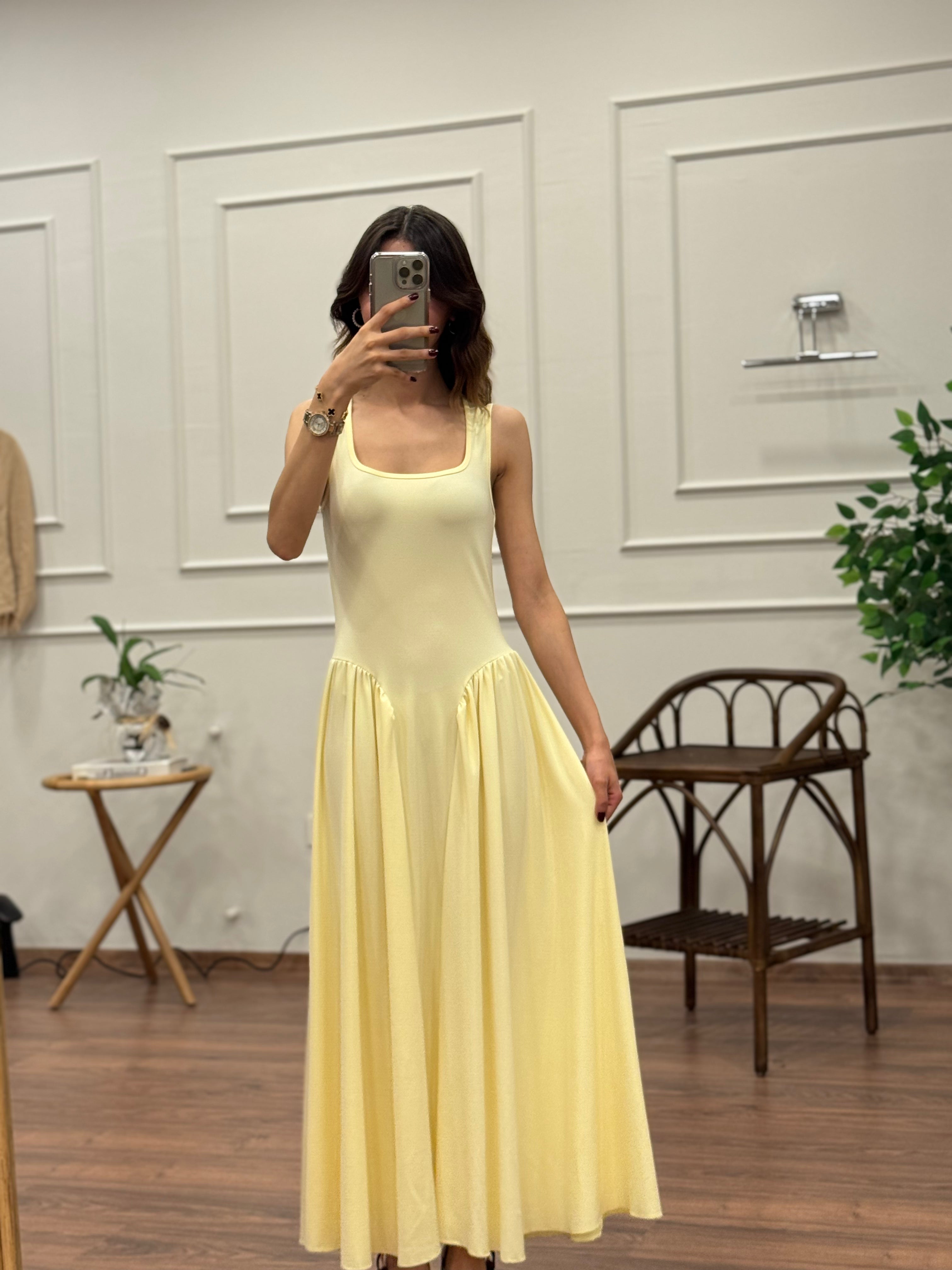 Amore Bele Oturan Sarı Balon Elbise