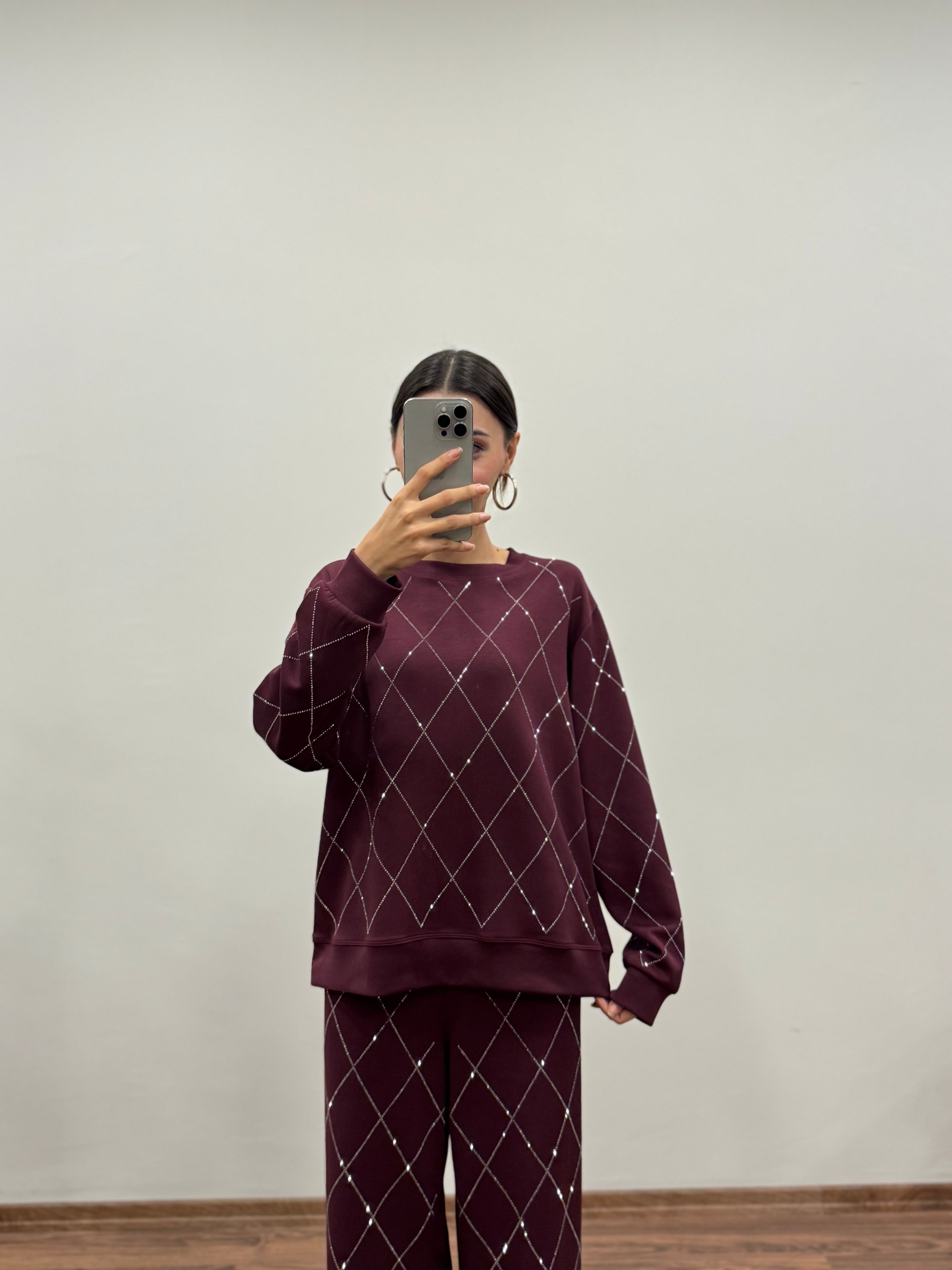 Baklava Desen Taşlı Bordo Takım