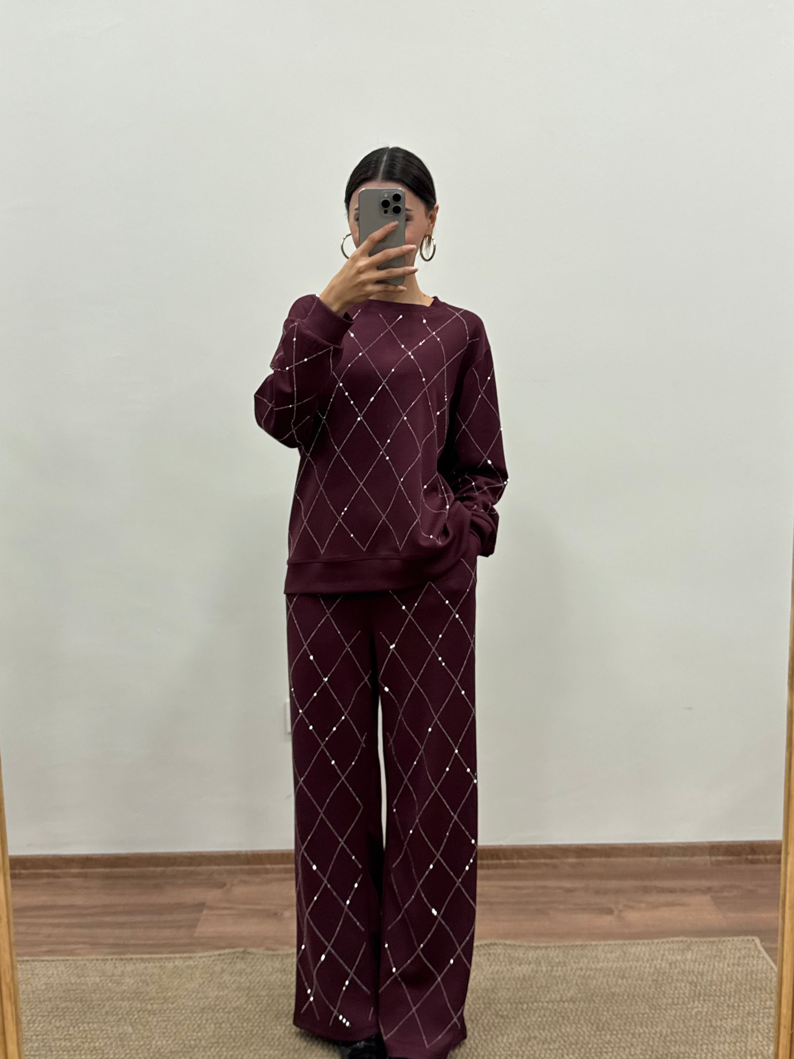 Baklava Desen Taşlı Bordo Takım