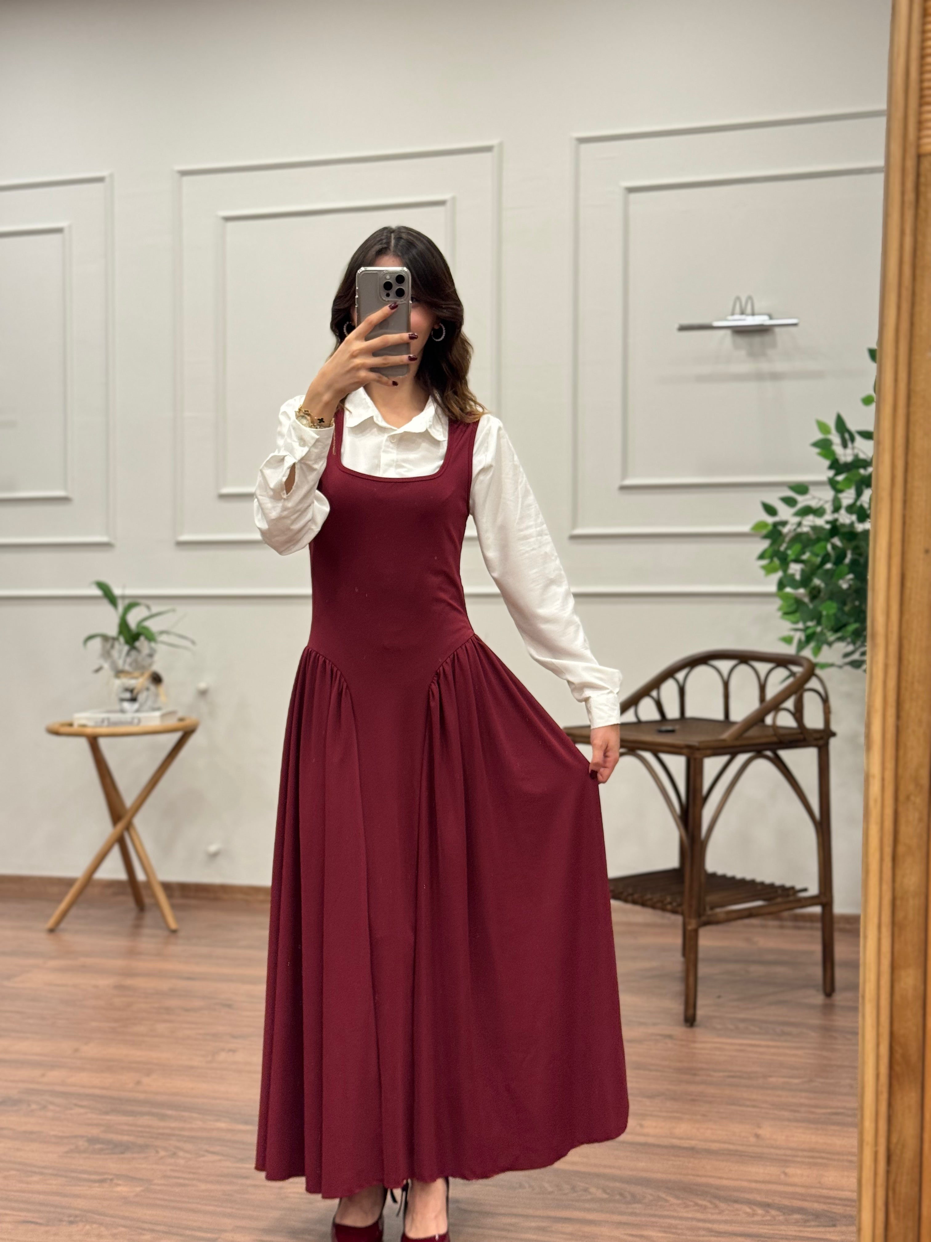 Amore Bele Oturan Bordo Balon Elbise