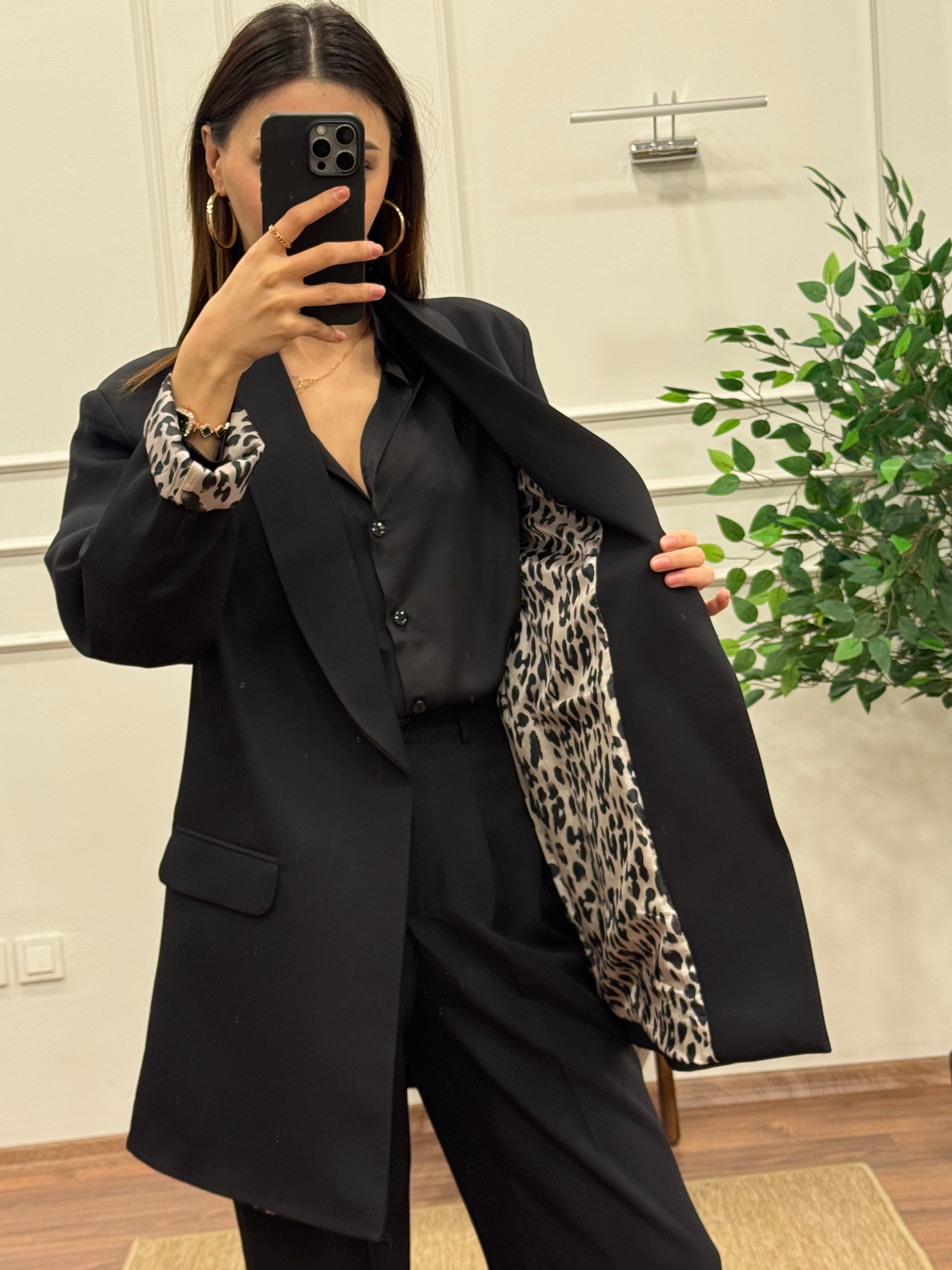 Siyah Vatkalı İçi Astarlı Blazer Palazzo Pantolon Premium Takım