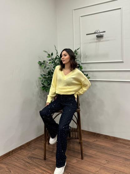 Premium Ön Arka Taşlı Lacivert Jean