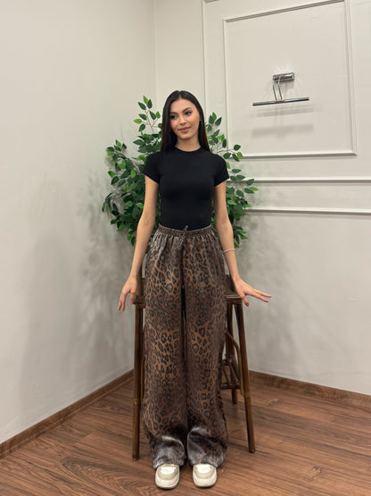 Leopar Desen Saten Kahverengi Pantolon