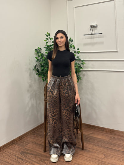 Leopar Desen Saten Kahverengi Pantolon