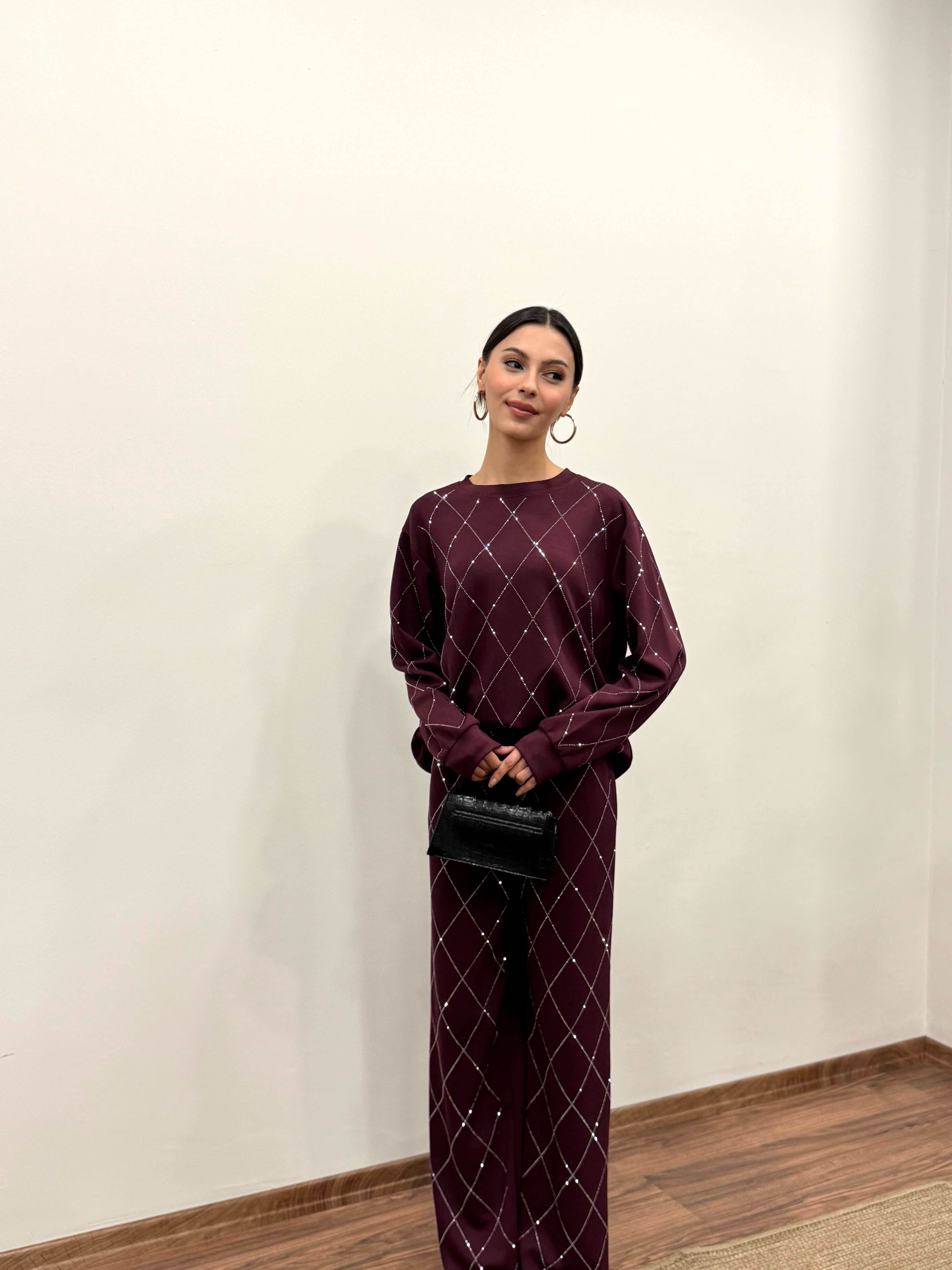 Baklava Desen Taşlı Bordo Takım