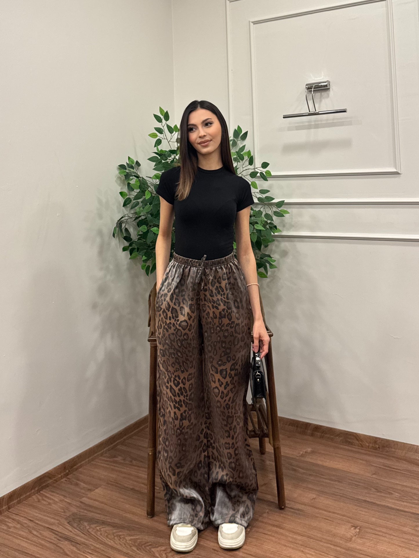 Leopar Desen Saten Kahverengi Pantolon