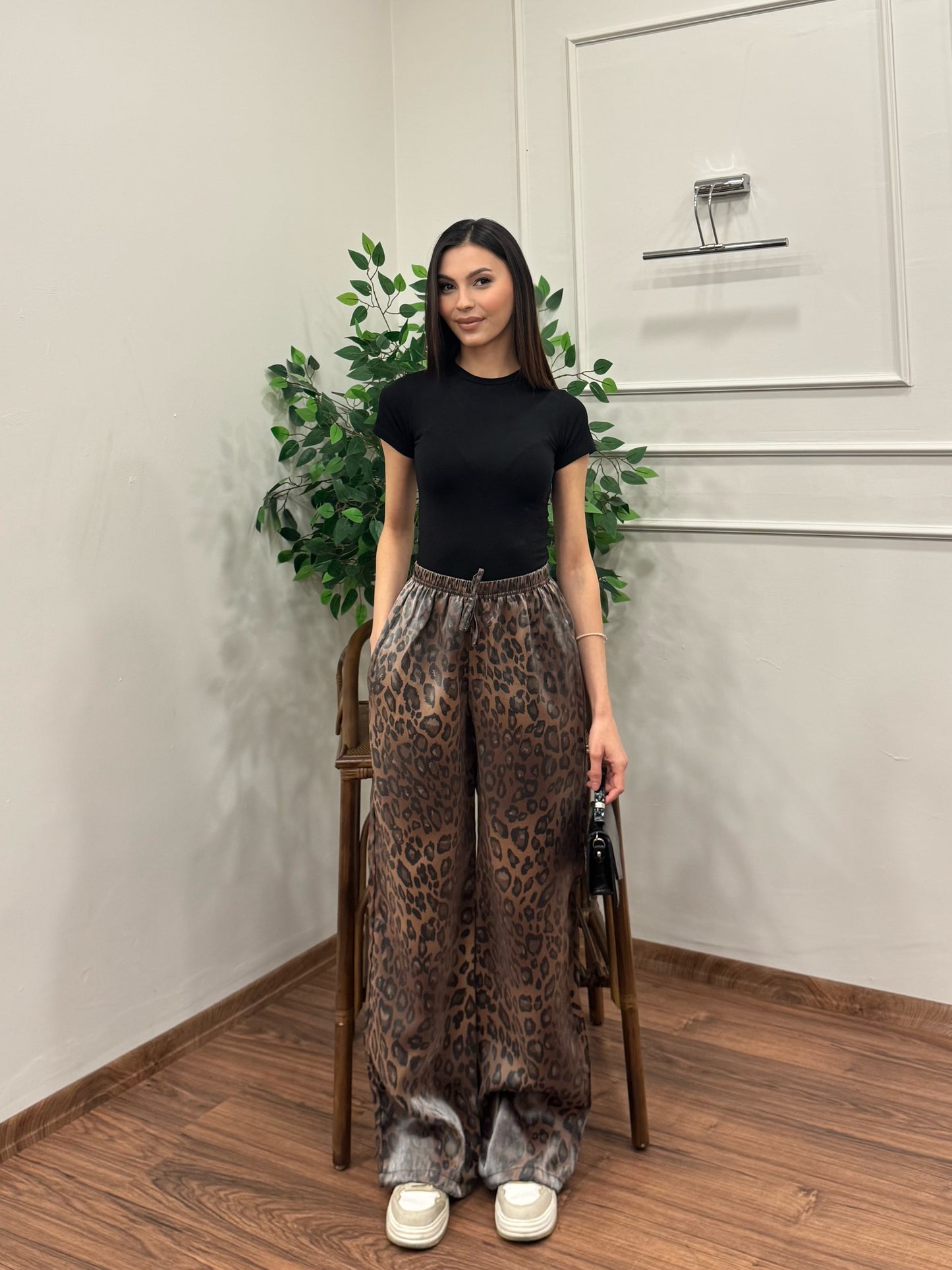 Leopar Desen Saten Kahverengi Pantolon