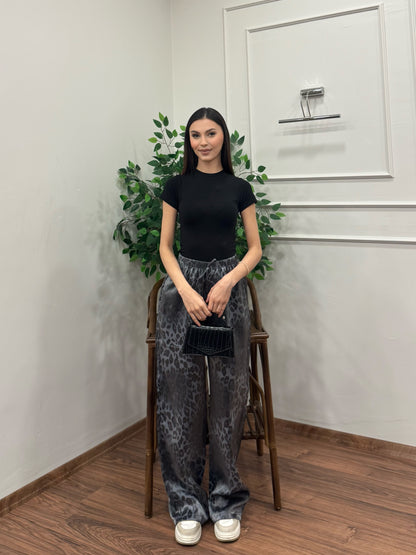 Leopar Desen Saten Gri Pantolon