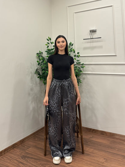 Leopar Desen Saten Gri Pantolon