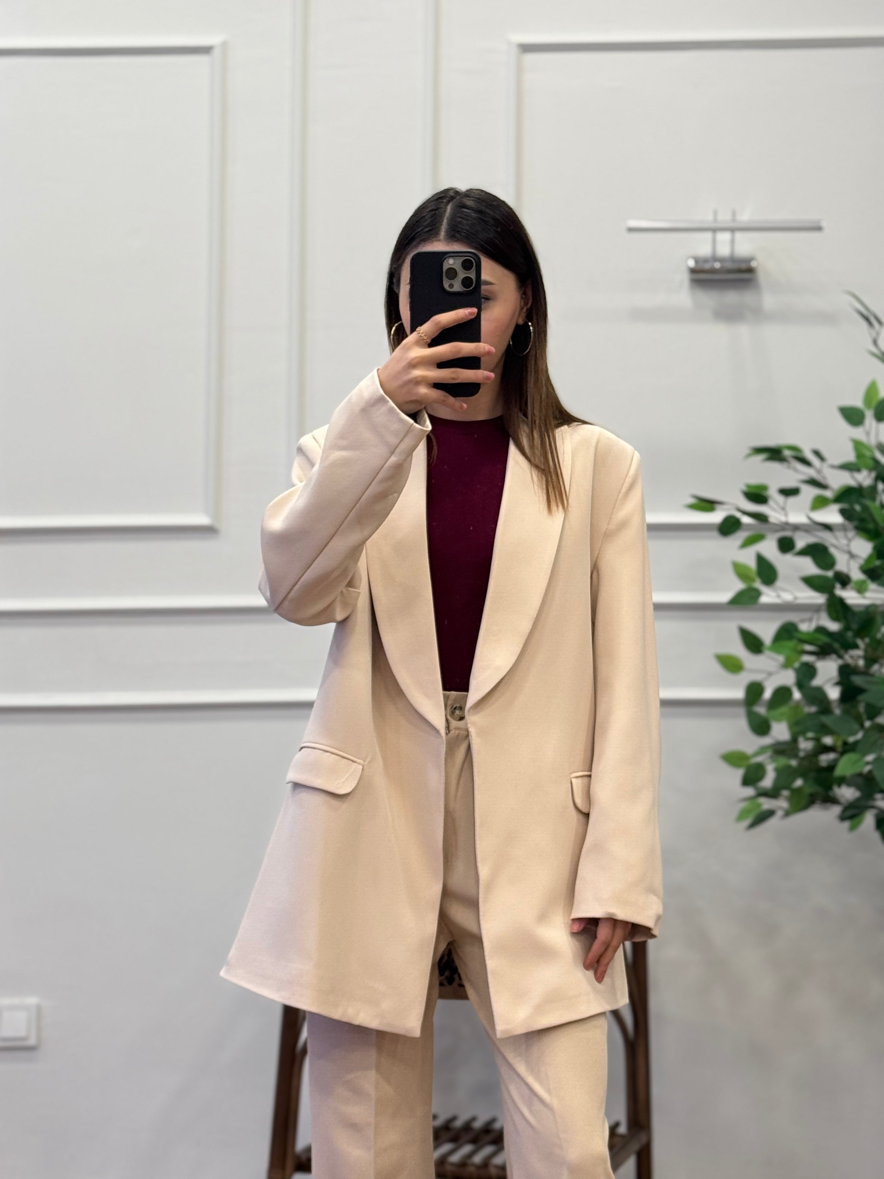 Krem Premium Astarlı Blazer Ceket