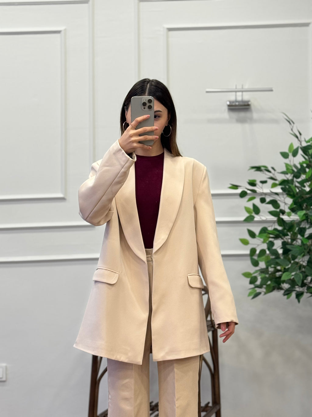 Krem Premium Astarlı Blazer Ceket