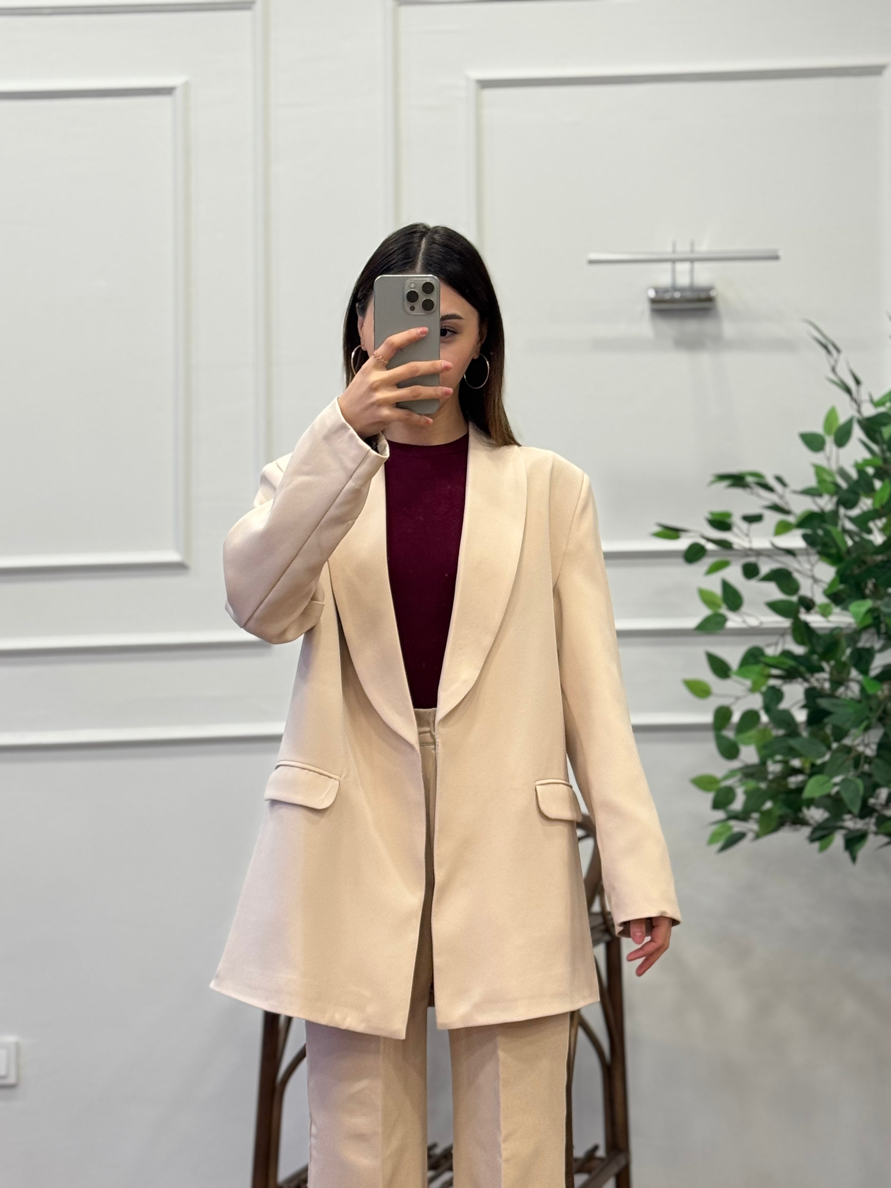 Krem Premium Astarlı Blazer Ceket