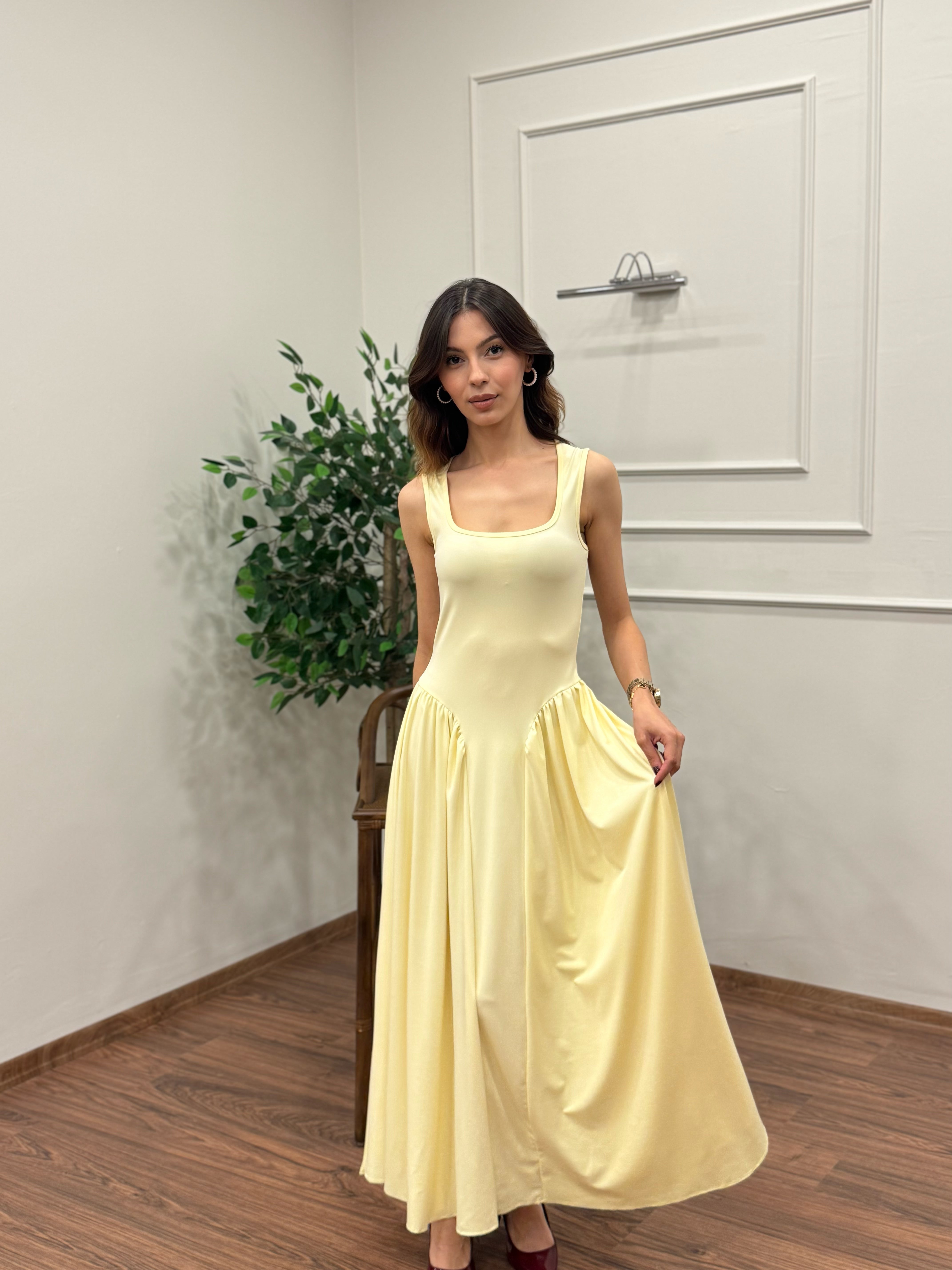 Amore Bele Oturan Sarı Balon Elbise