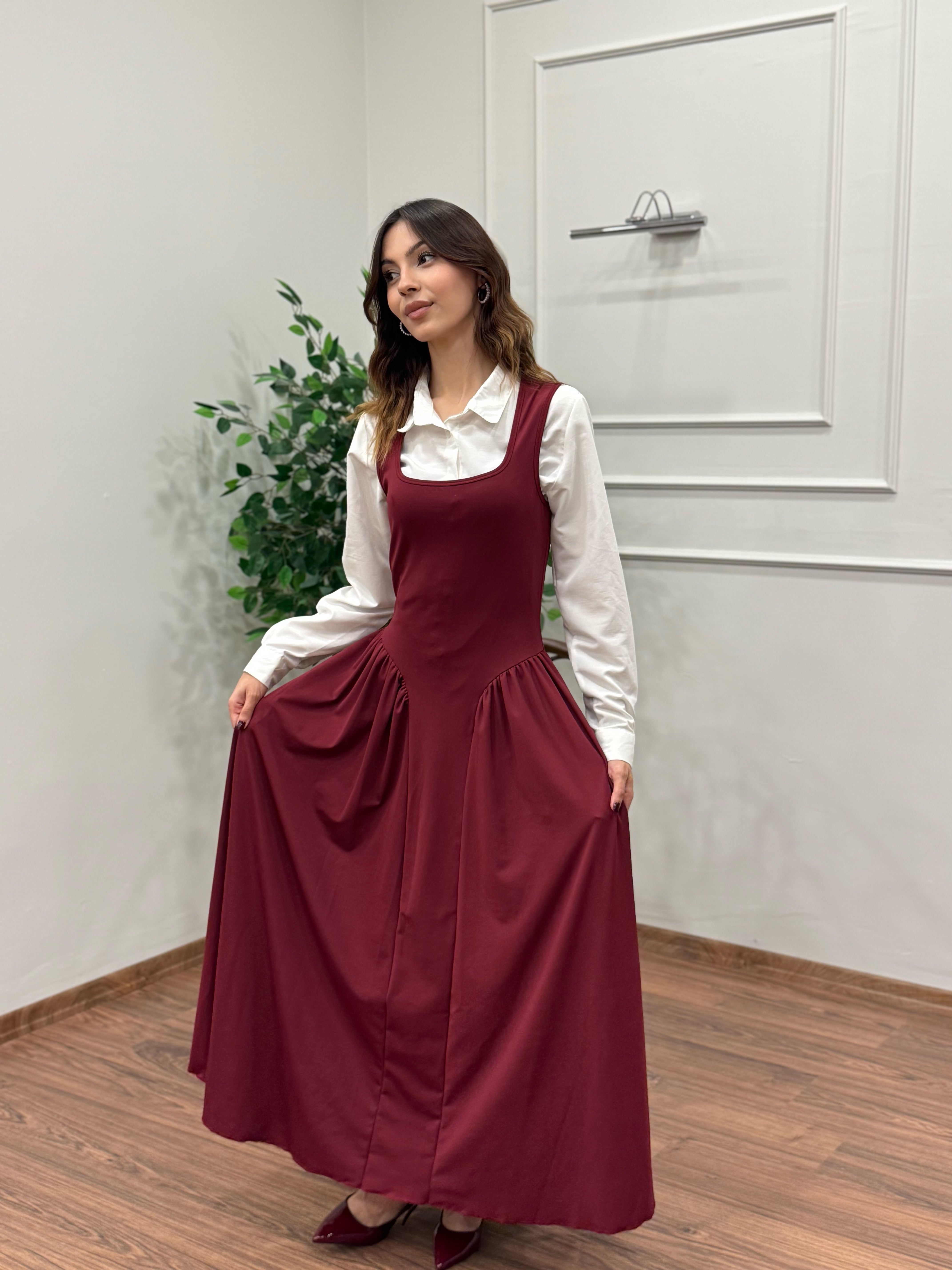 Amore Bele Oturan Bordo Balon Elbise