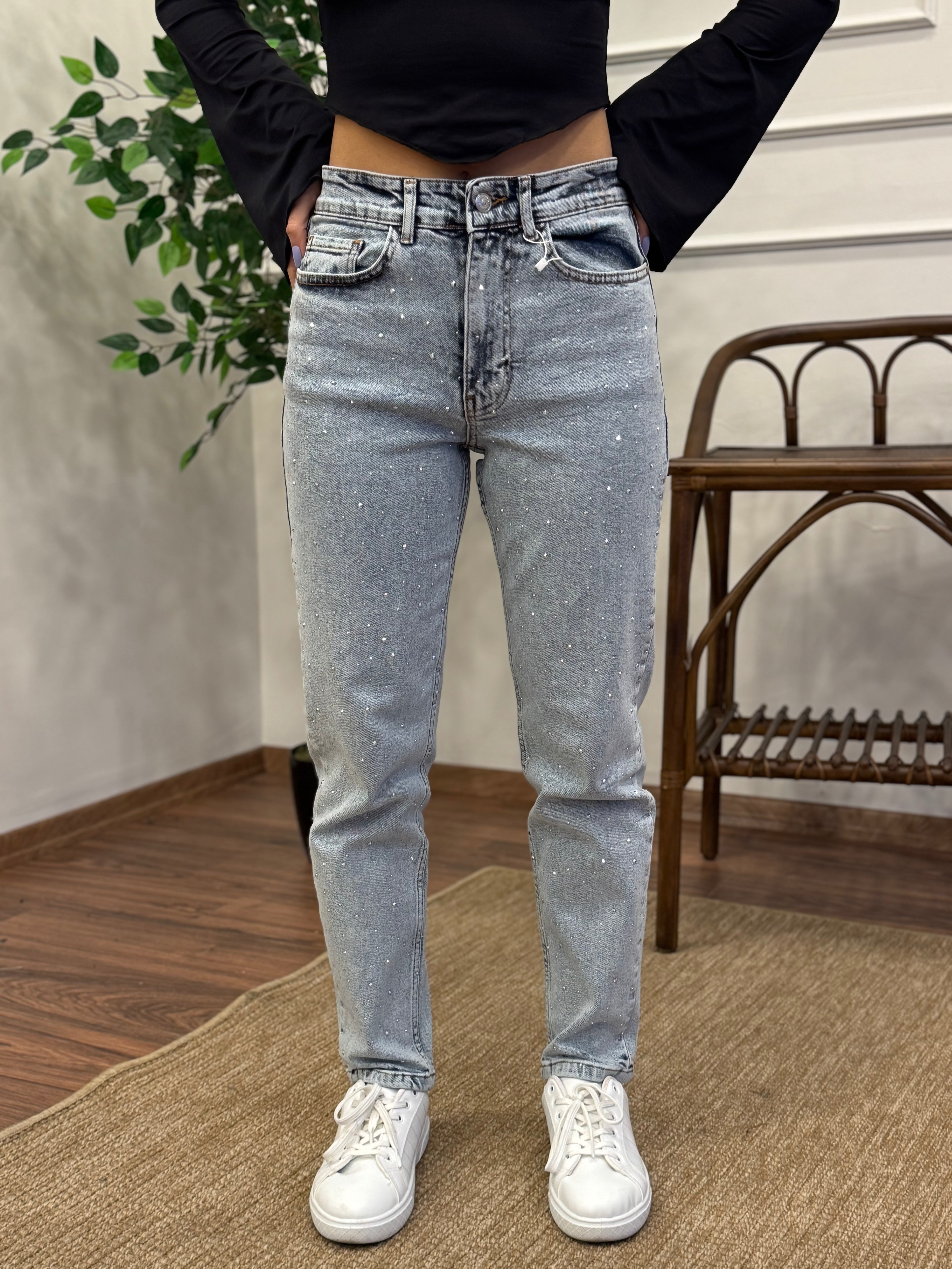 Buz Mavi Taş Baskı Jean