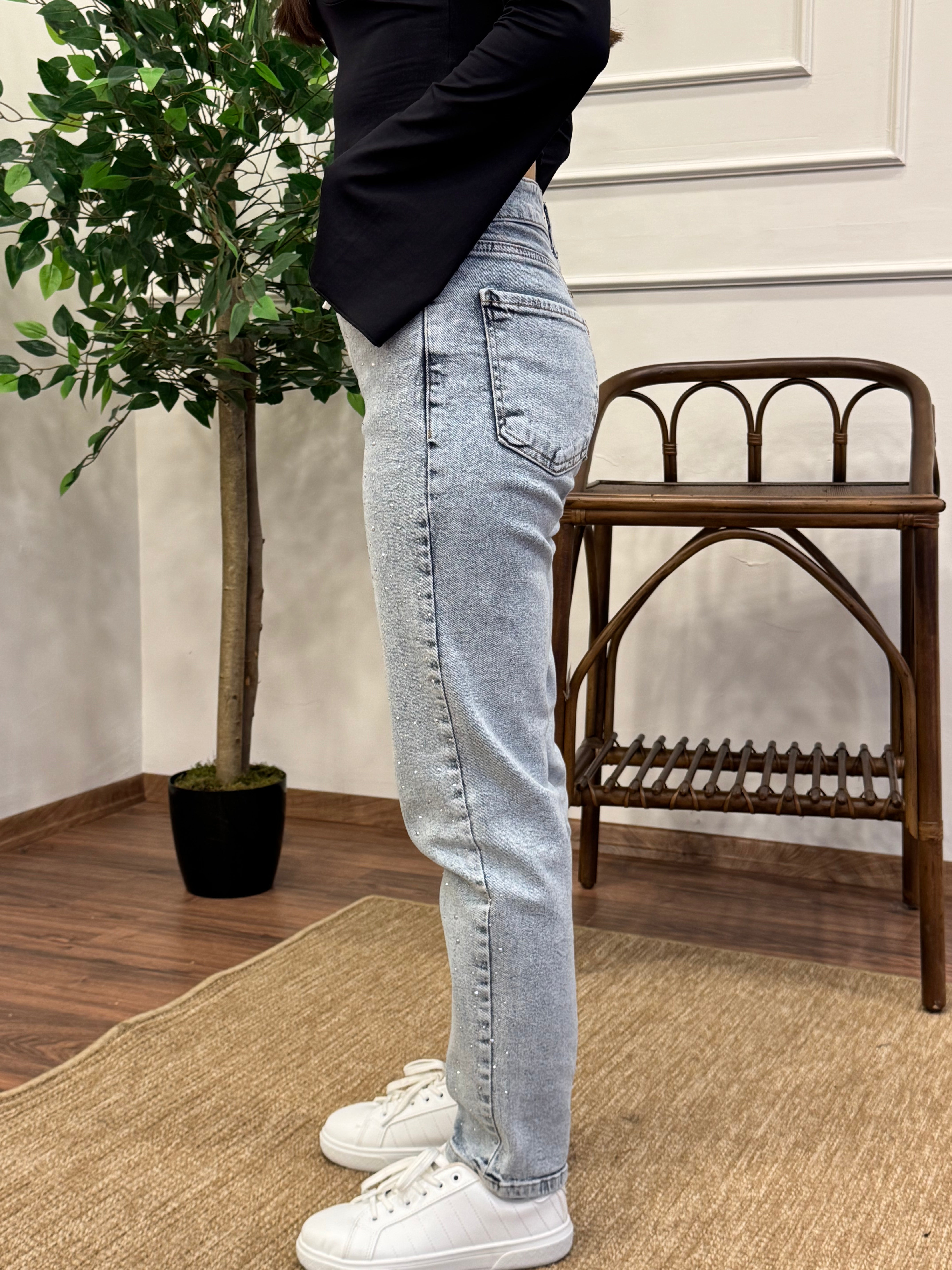 Buz Mavi Taş Baskı Jean