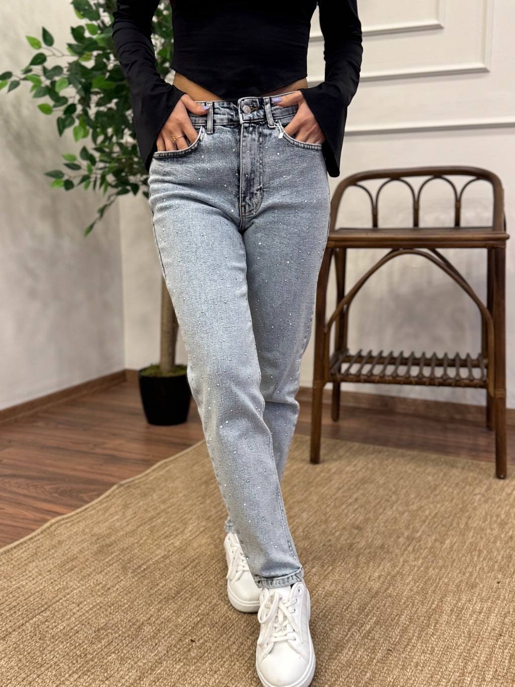 Buz Mavi Taş Baskı Jean