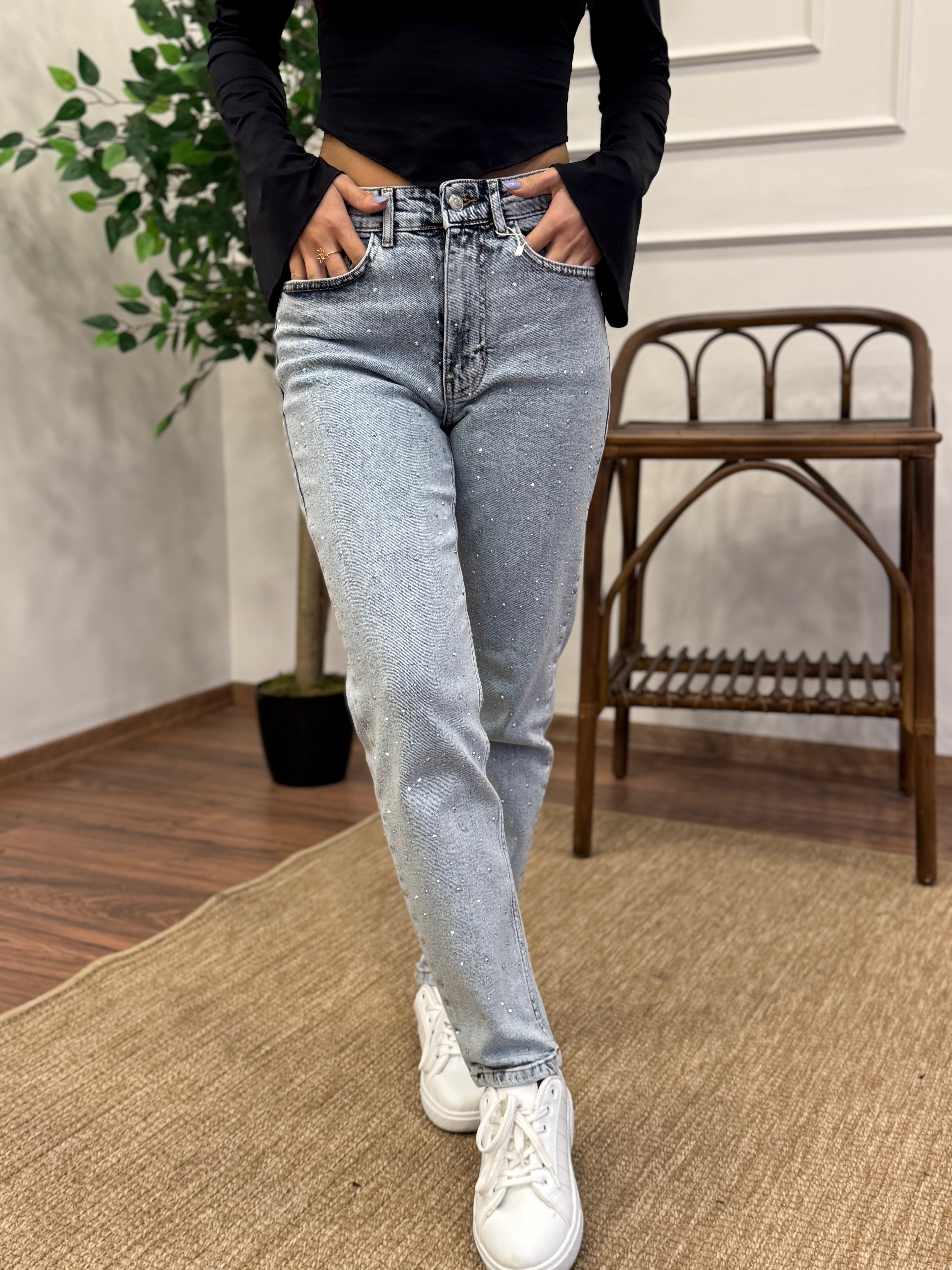 Buz Mavi Taş Baskı Jean