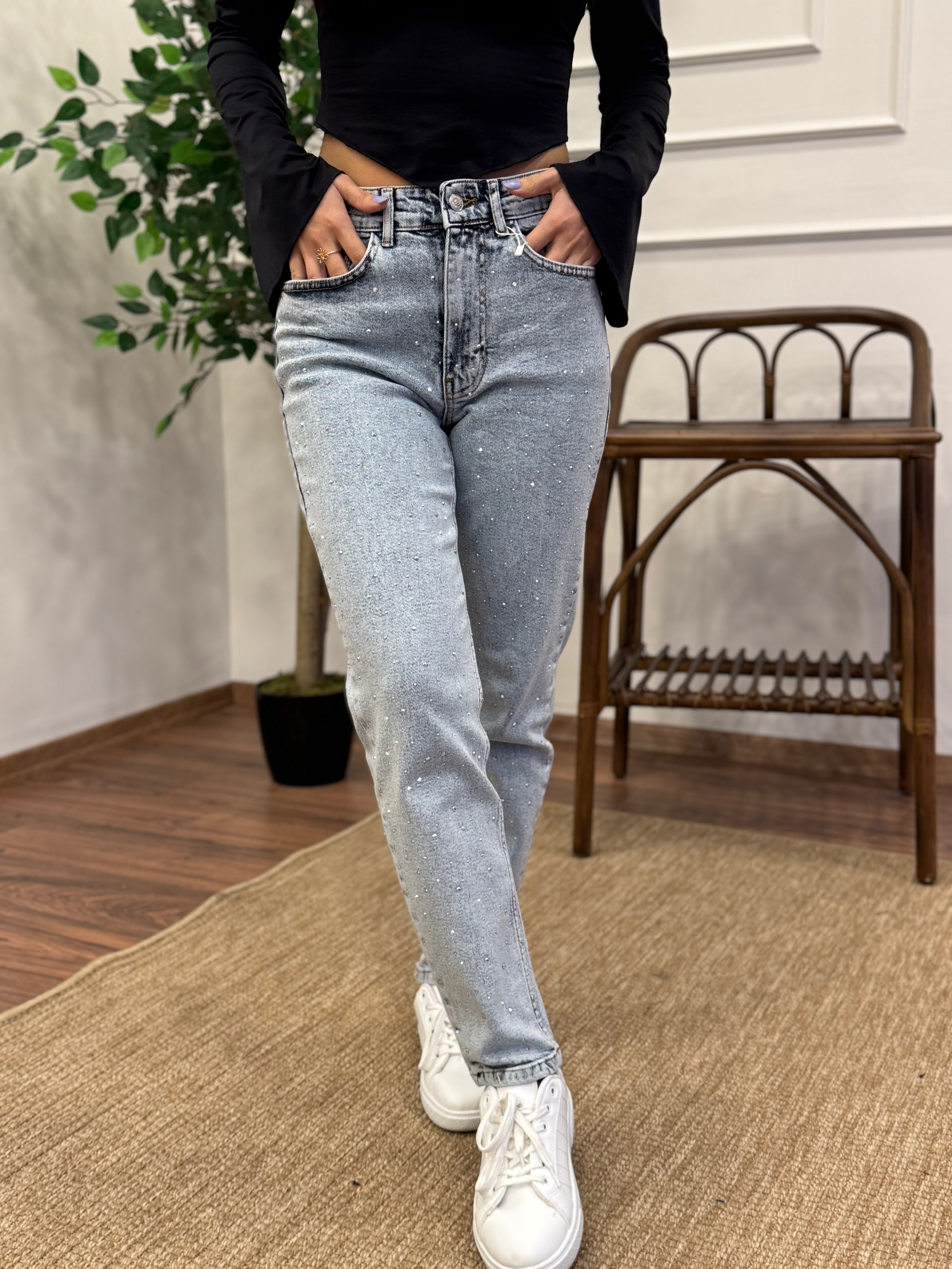 Buz Mavi Taş Baskı Jean