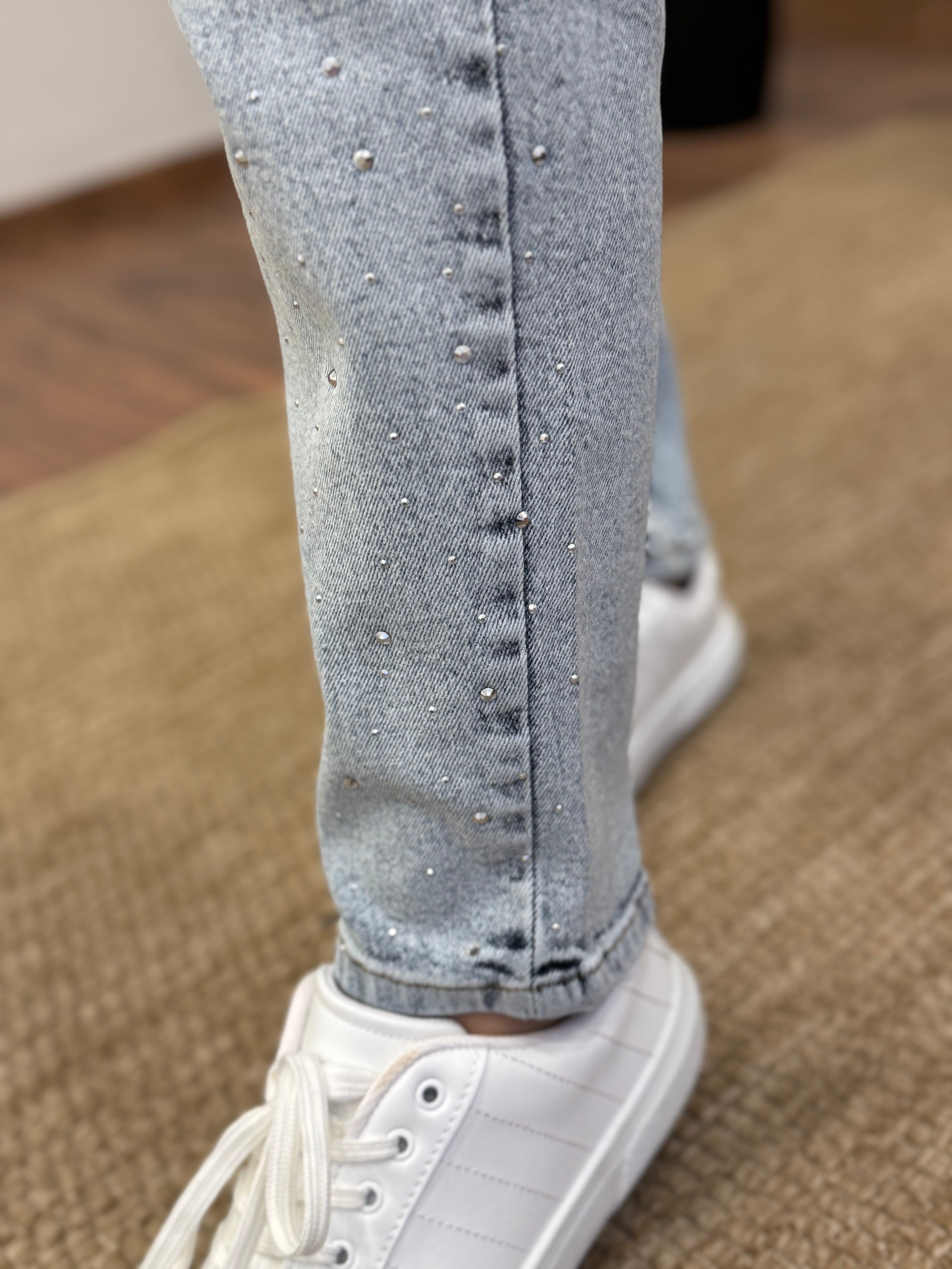 Buz Mavi Taş Baskı Jean