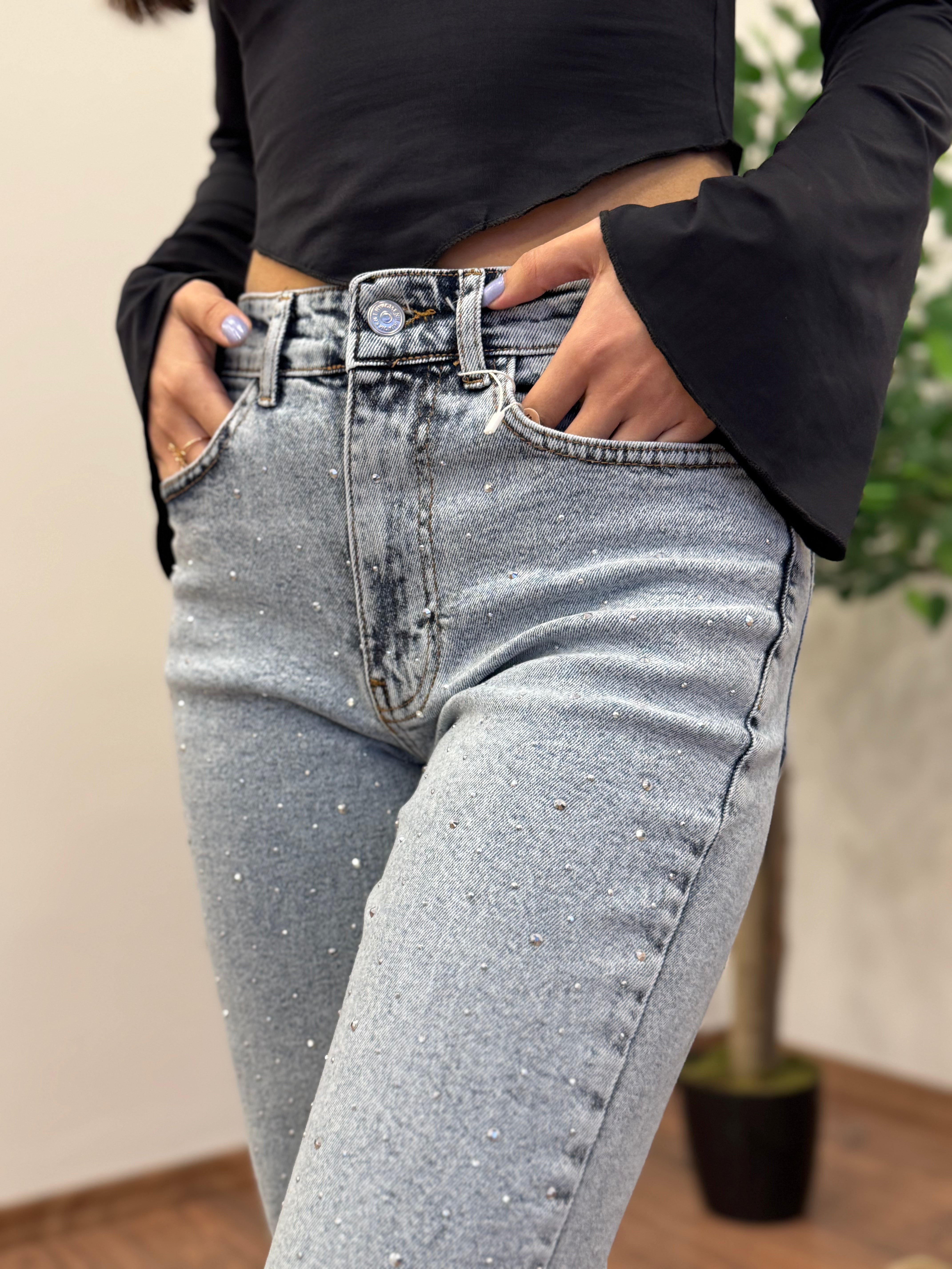 Buz Mavi Taş Baskı Jean