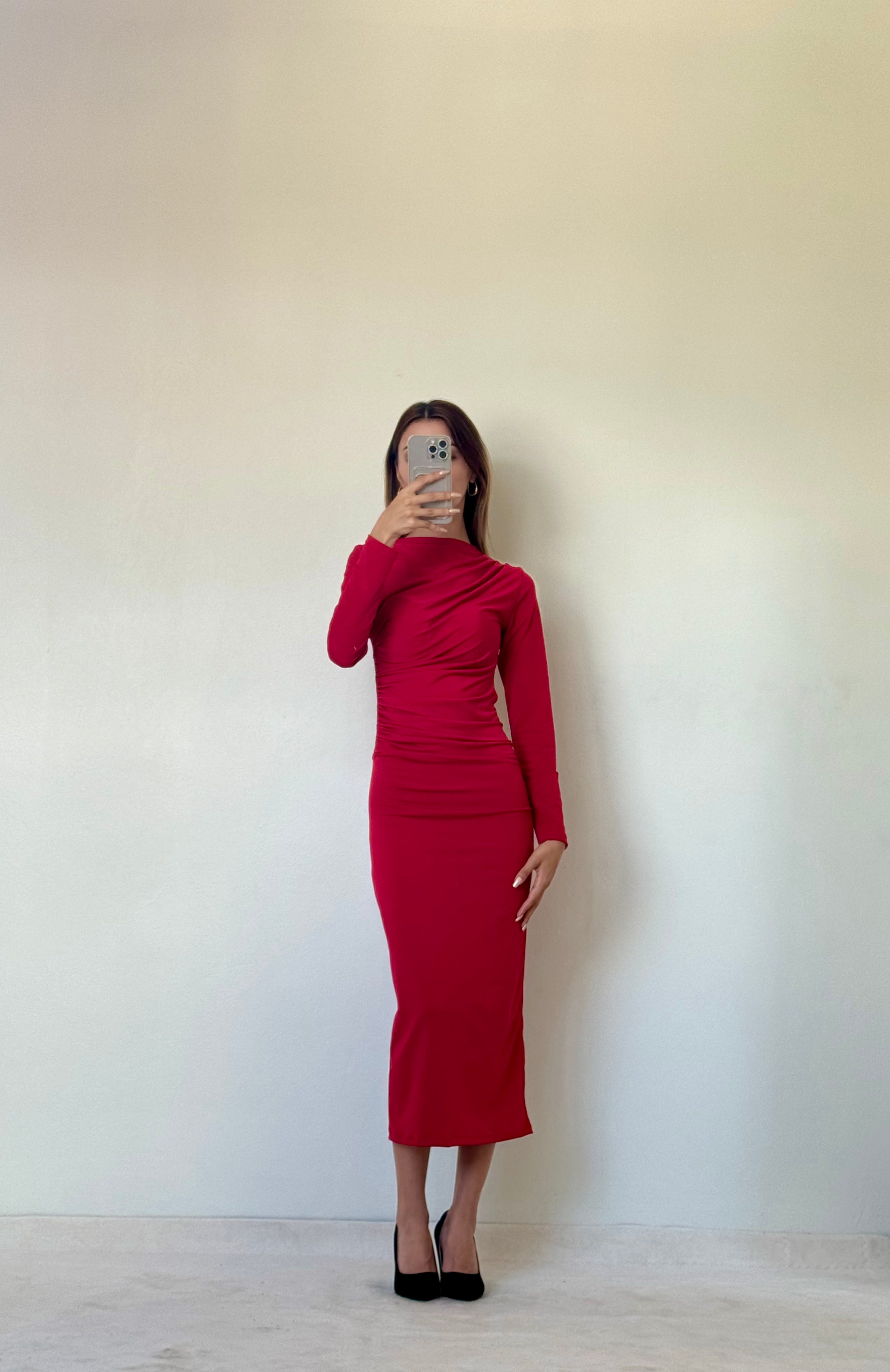 Kırmızı Uzun Kollu Omuz ve Bel Drape Elbise