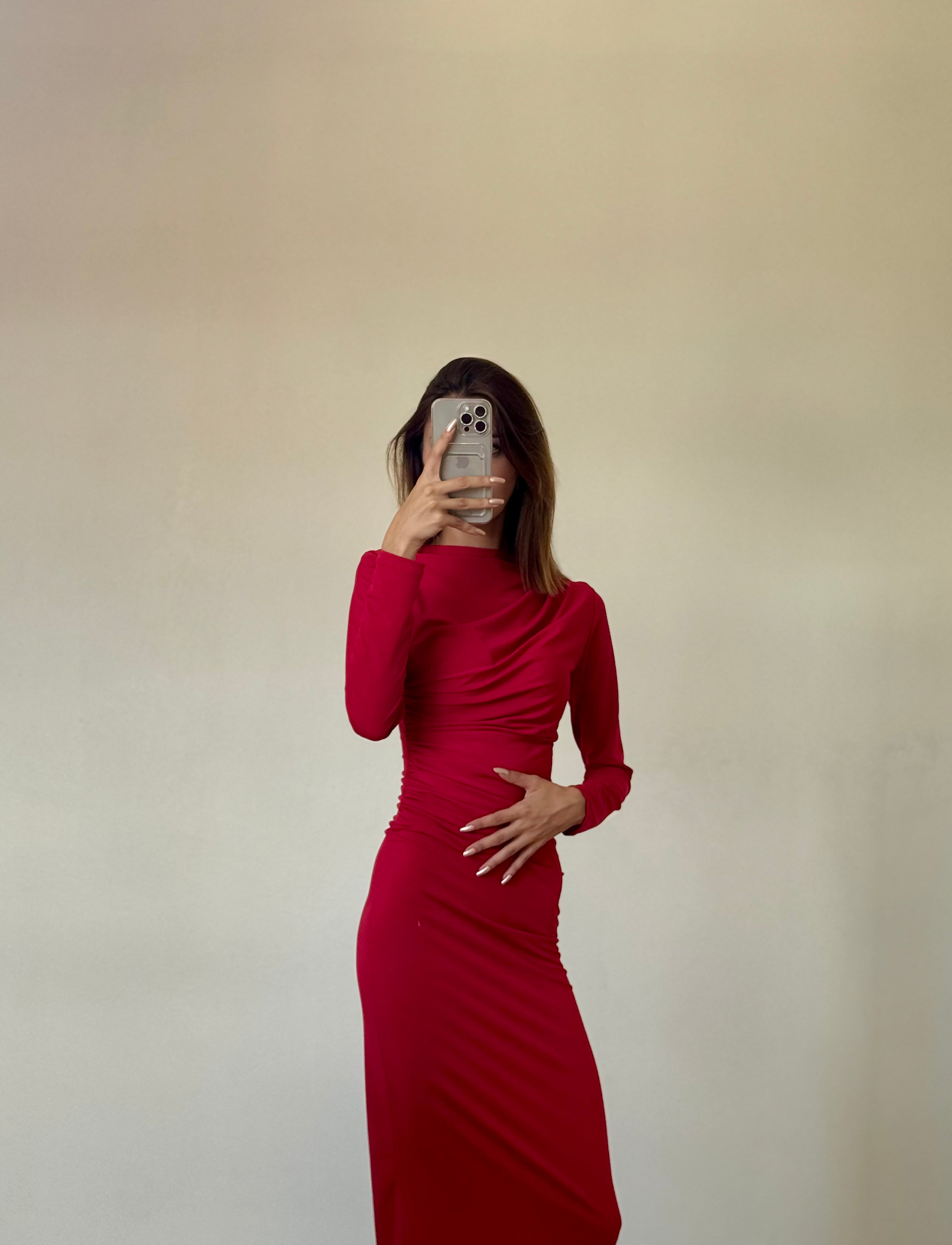 Kırmızı Uzun Kollu Omuz ve Bel Drape Elbise