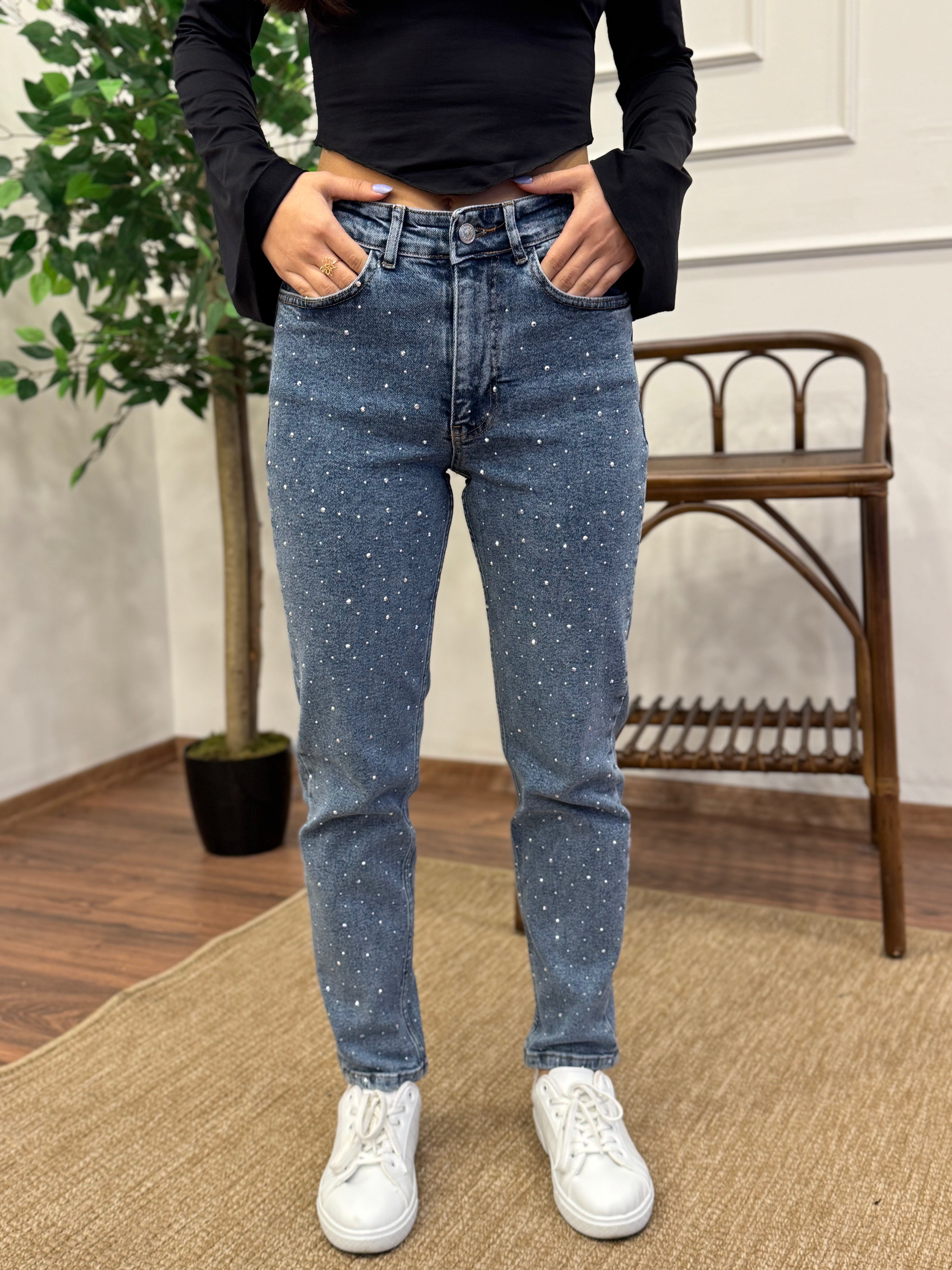 Lacivert Taş Baskı Jean