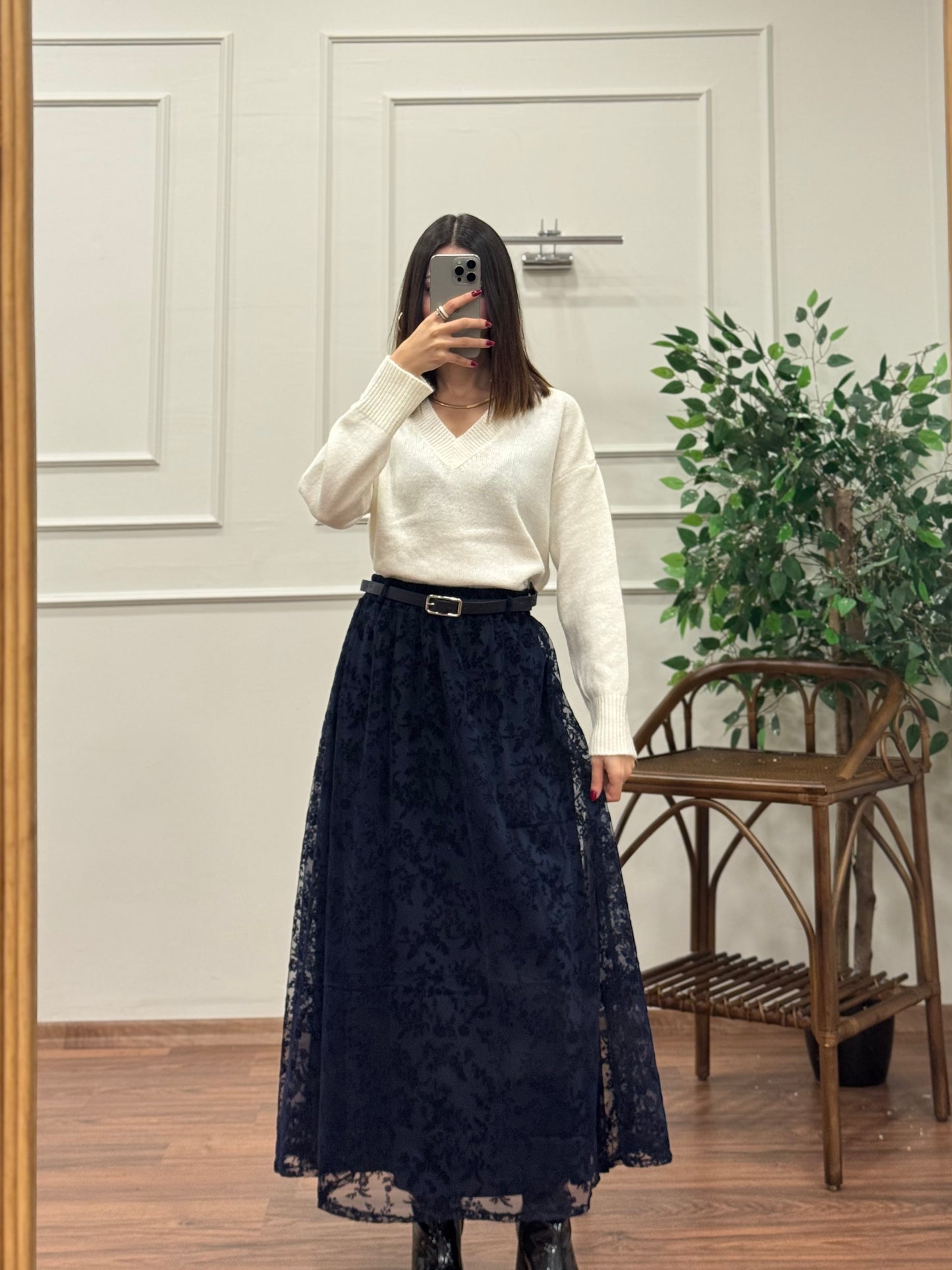 Liz İşlemeli Astarlı Kemerli Lacivert Etek