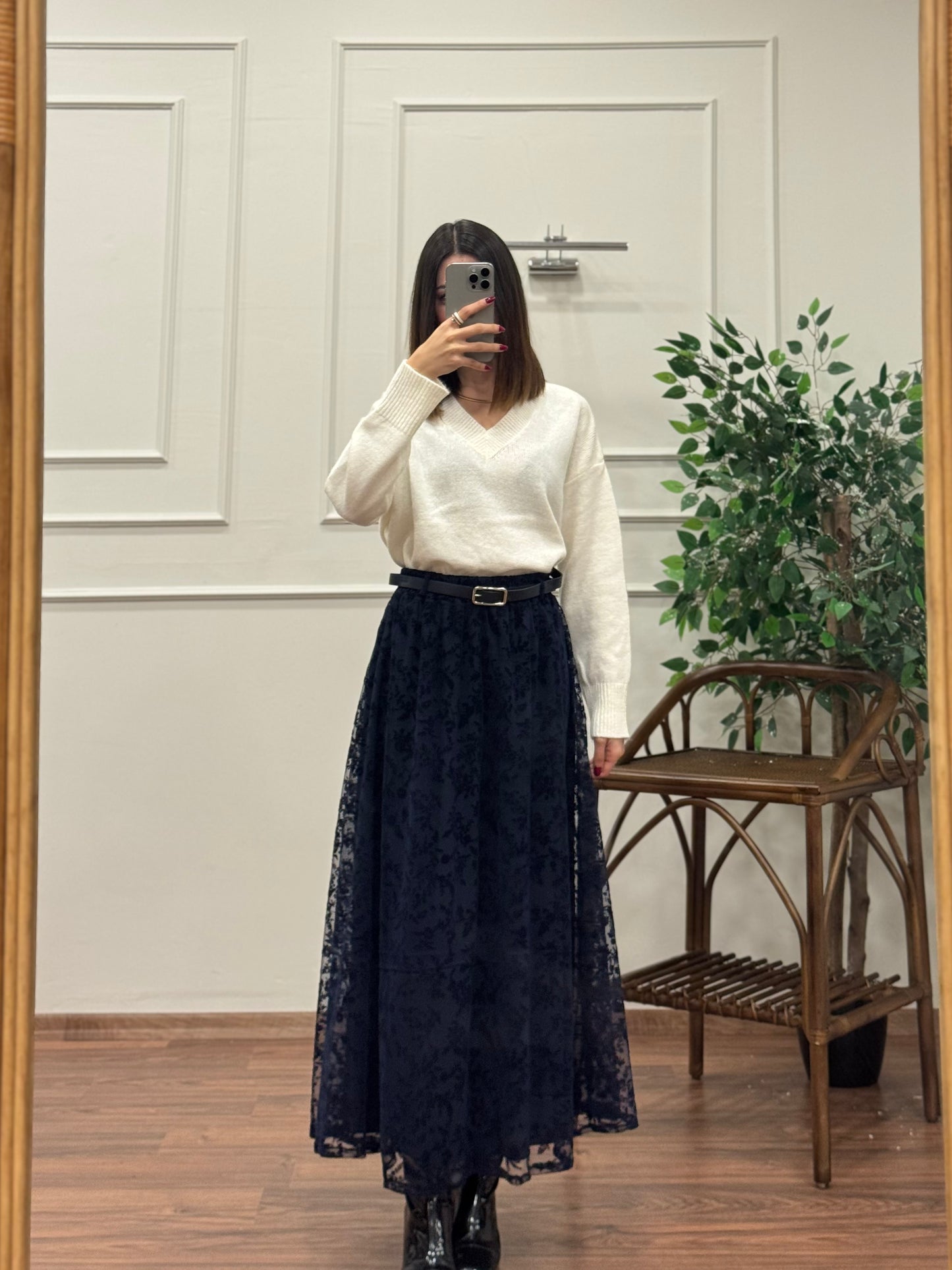 Liz İşlemeli Astarlı Kemerli Lacivert Etek