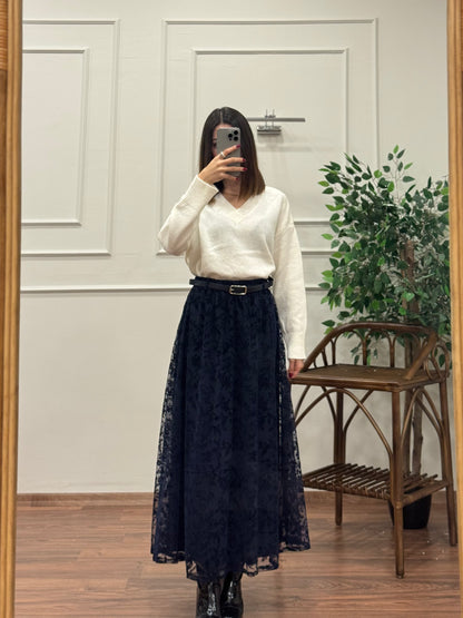 Liz İşlemeli Astarlı Kemerli Lacivert Etek