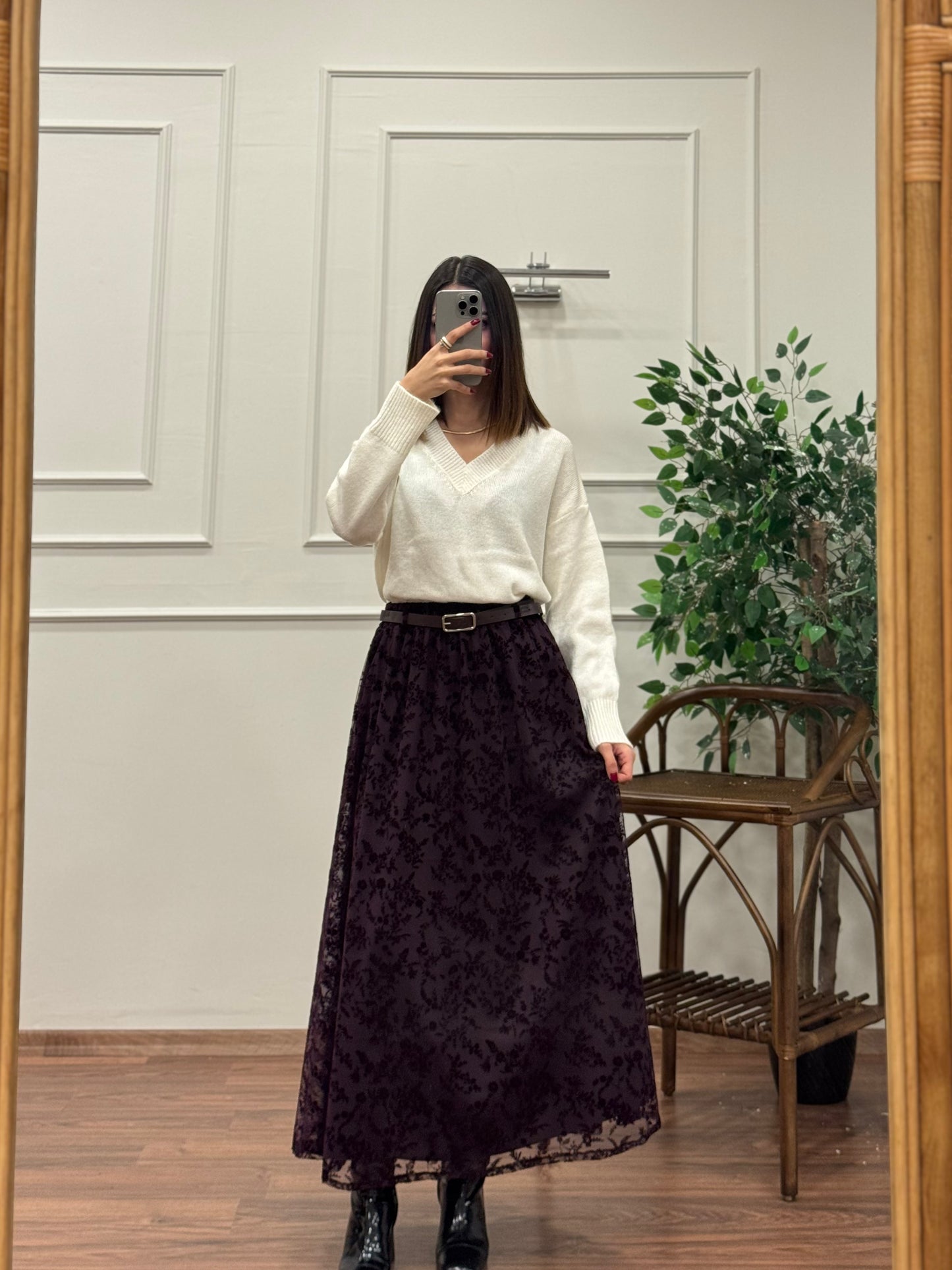 Liz İşlemeli Astarlı Kemerli Mürdüm Etek