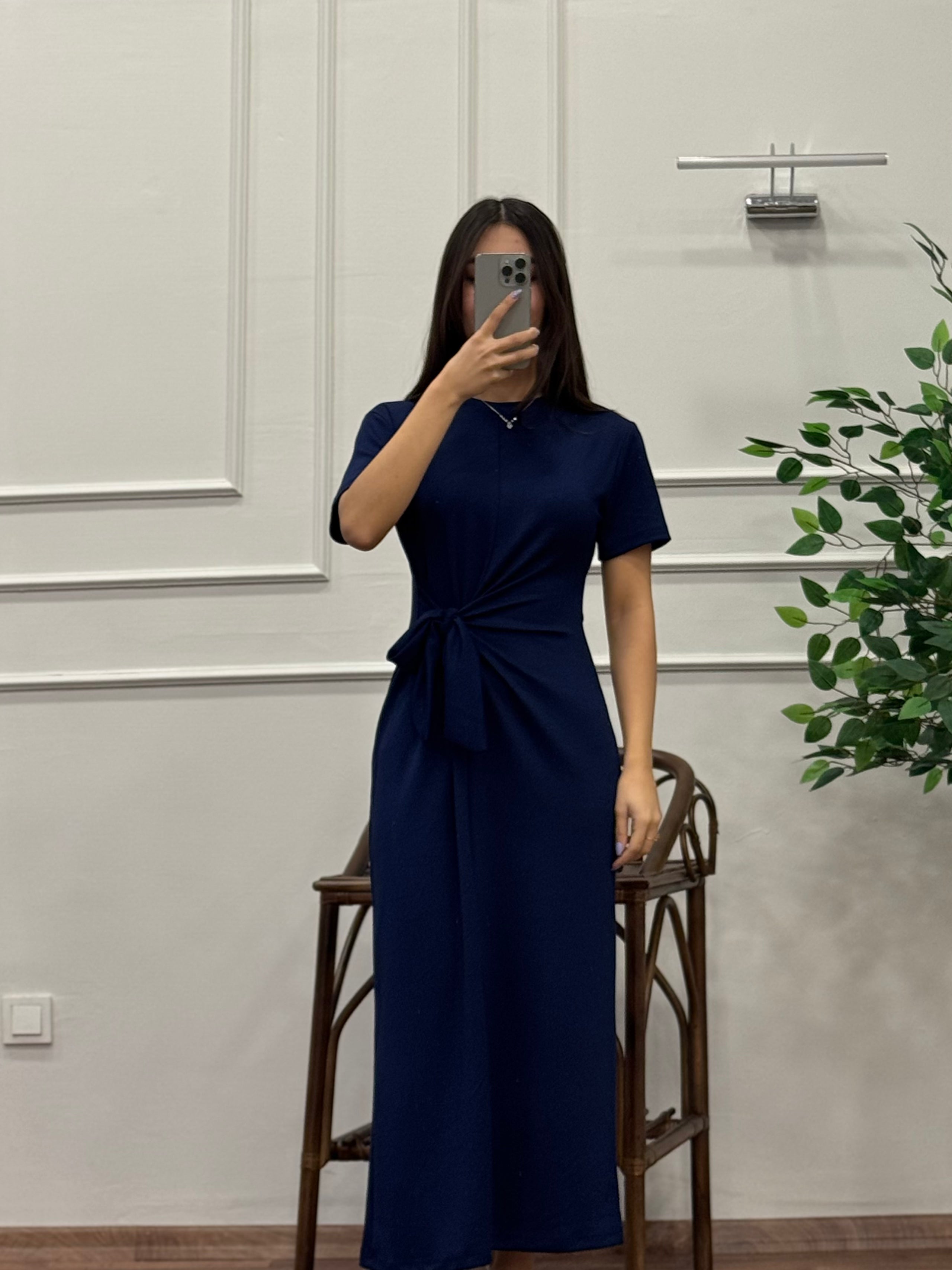 Lacivert Belden Bağlama Detay Kloş Modal Kumaş Elbise