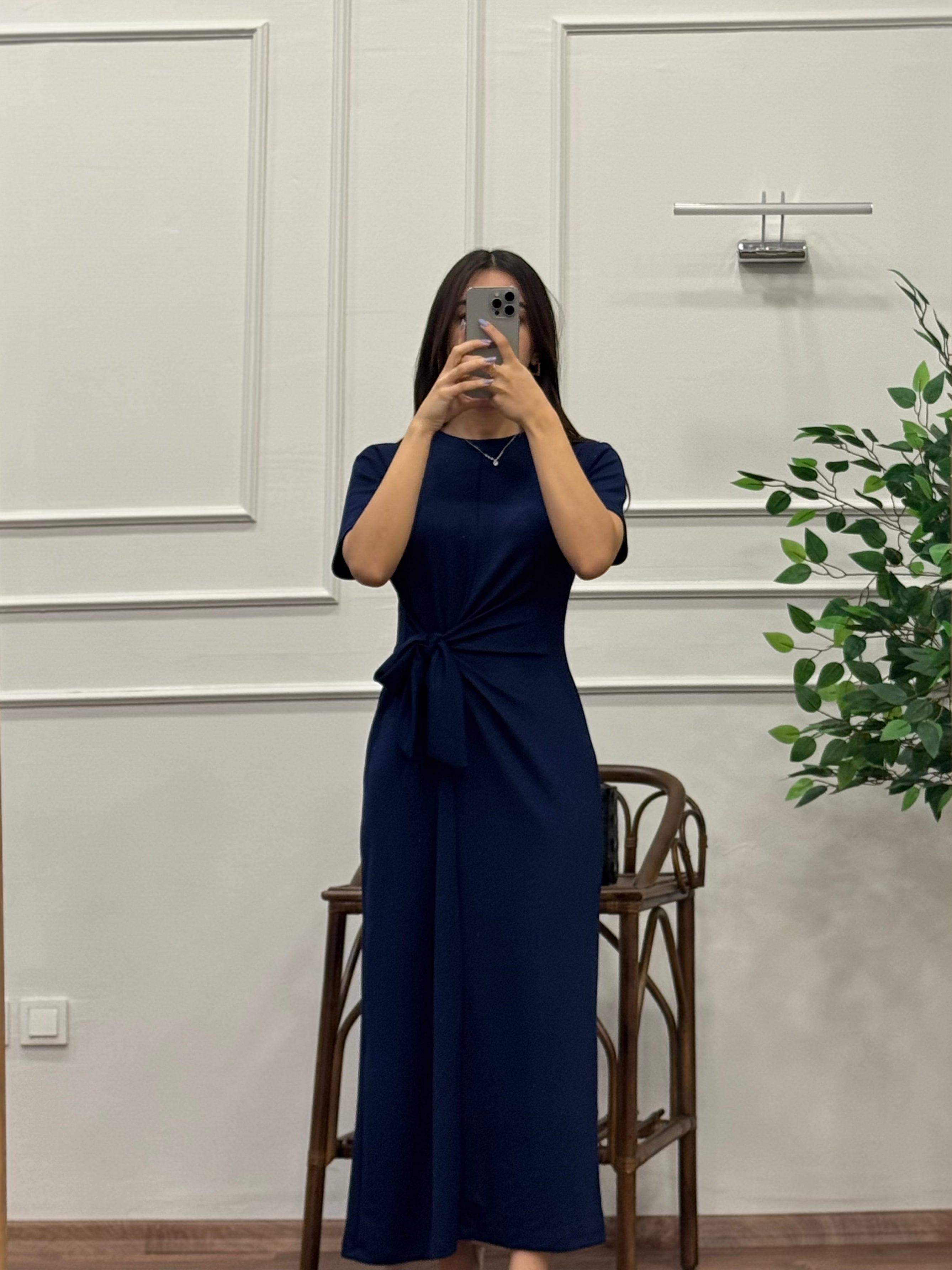 Lacivert Belden Bağlama Detay Kloş Modal Kumaş Elbise