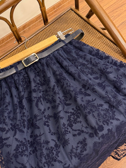 Liz İşlemeli Astarlı Kemerli Lacivert Etek