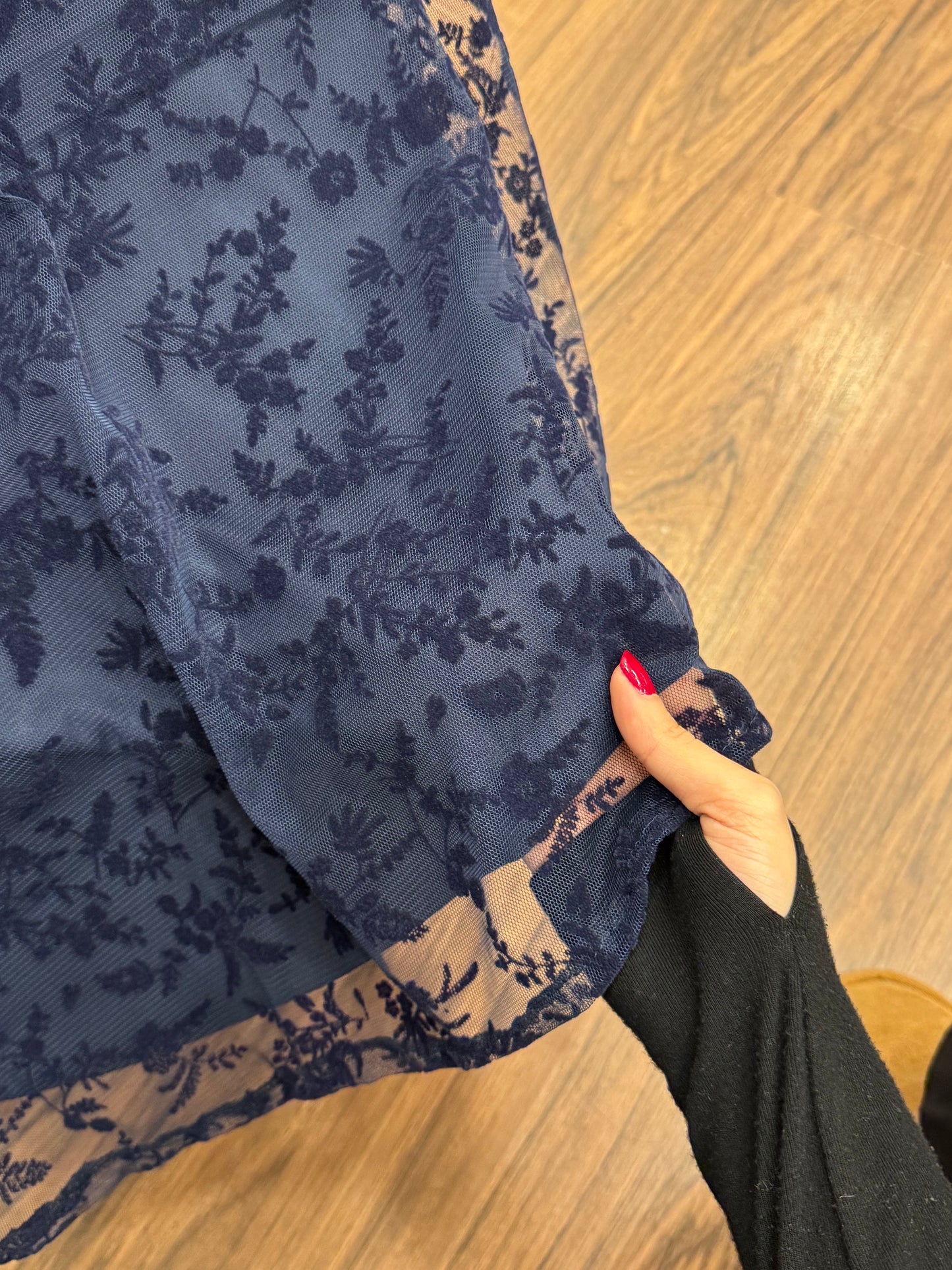 Liz İşlemeli Astarlı Kemerli Lacivert Etek