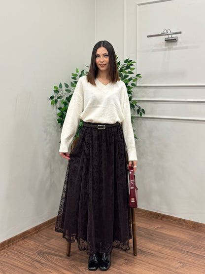 Liz İşlemeli Astarlı Kemerli Kahverengi Etek