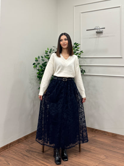 Liz İşlemeli Astarlı Kemerli Lacivert Etek