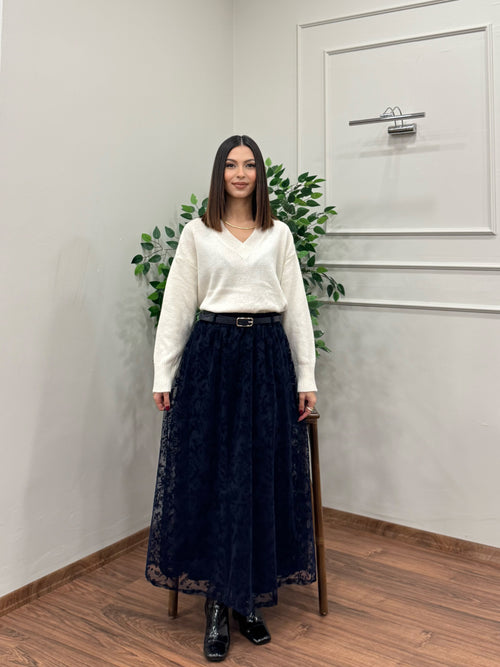 Liz İşlemeli Astarlı Kemerli Lacivert Etek