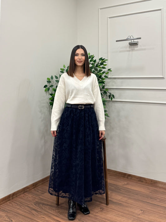 Liz İşlemeli Astarlı Kemerli Lacivert Etek