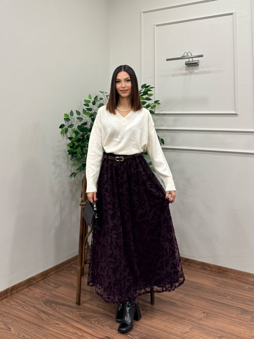 Liz İşlemeli Astarlı Kemerli Mürdüm Etek