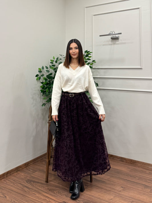 Liz İşlemeli Astarlı Kemerli Mürdüm Etek