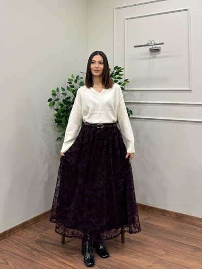 Liz İşlemeli Astarlı Kemerli Mürdüm Etek