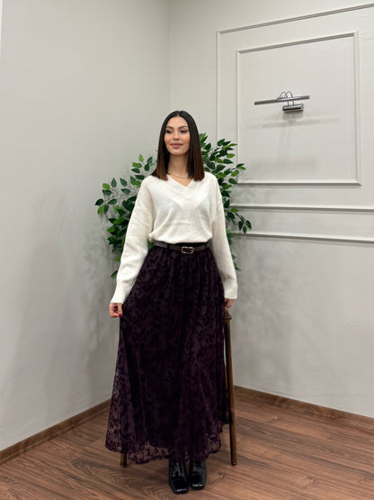 Liz İşlemeli Astarlı Kemerli Mürdüm Etek