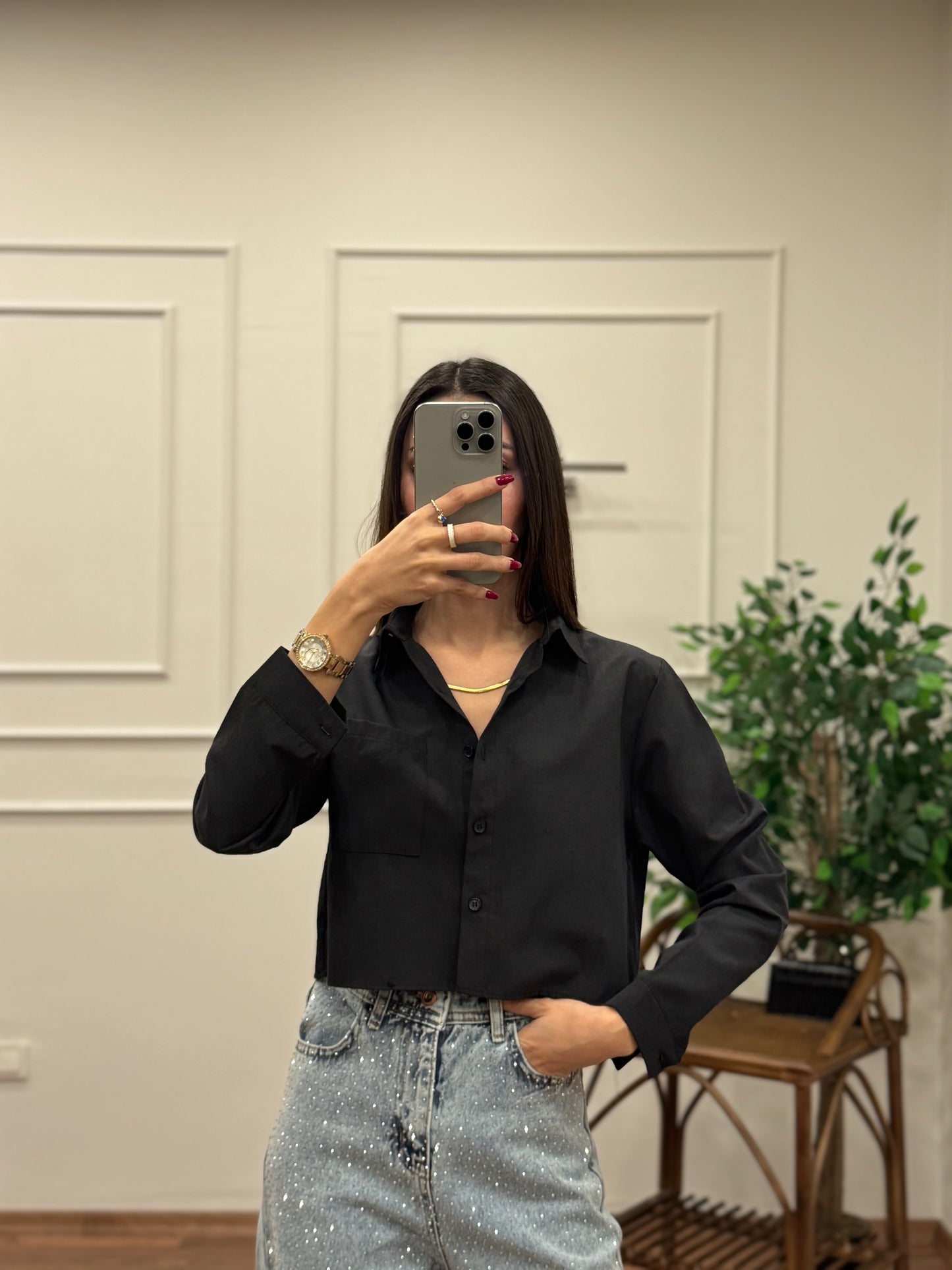 Jess Siyah Crop Gömlek