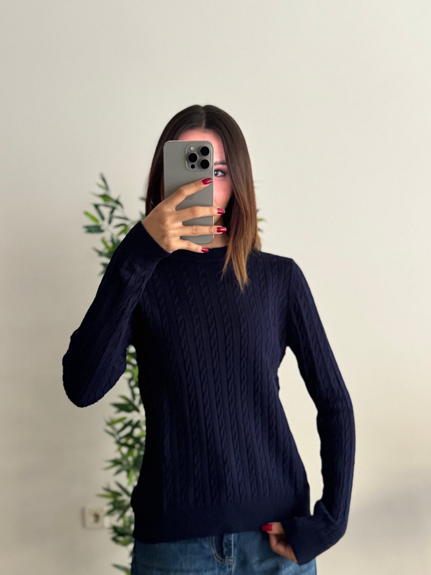 Örgü Detay Lacivert Bluz