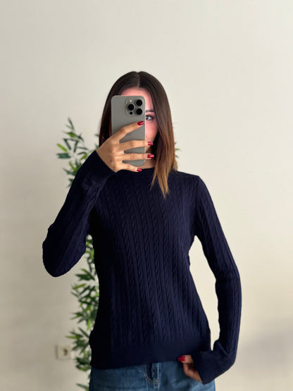 Örgü Detay Lacivert Bluz